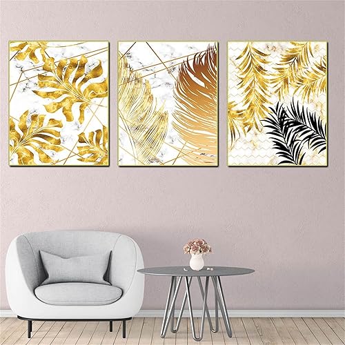 Miniatura 3 de YOWOCAL Arte de pared impreso en lienzo de hojas doradas, 16 x 20 x 3 pulgadas, póster de hojas de palmera de Monstera tropicales, decoración de