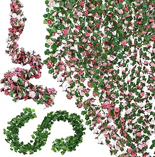 Jutom 16 Pcs 114 ft Flower Garland, Artificial Rose Vine Flowers Fake Ivy Flower with Green Leaves Wall Decor Hanging Floral Garland Plants Leaves Room Decor for Wedding Party Bedroom Decoration