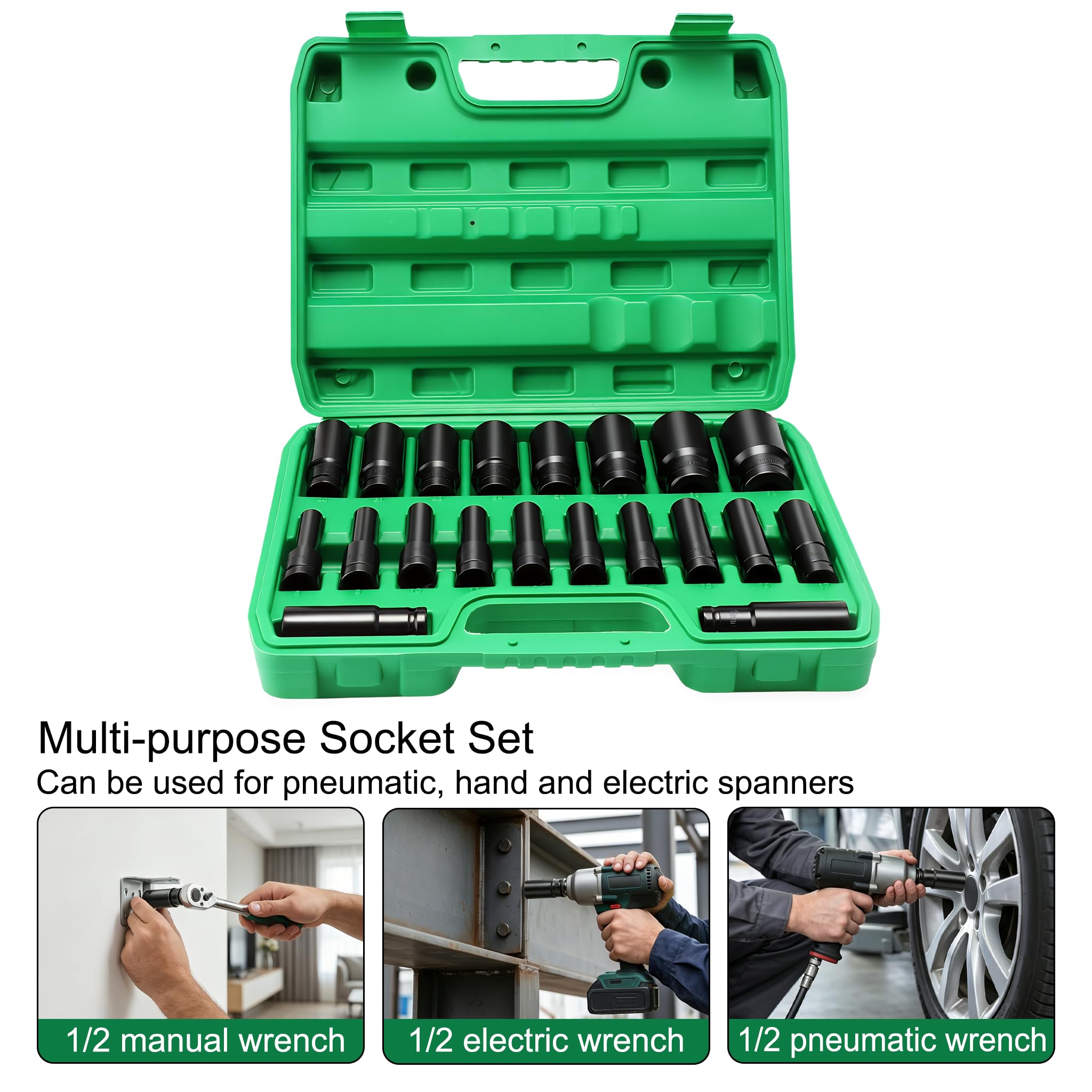 Schlagschrauber Nüsse Set 1/2" Zoll Antrieb, 10-32mm CR-Mo Sechskant Steckschlüssel Set für pneumatische und elektrische Schlagschrauber,robustes Stecknuss-Sortiment