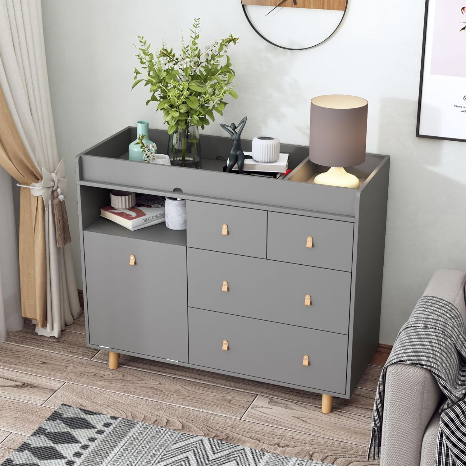 Timechee Baby Changing Table Dresser, Modern Nursery Changing Dresser Chest for Infants with 5 Drawers & 1 Shelf, Large Storage Diaper Changing Station for Daycare, Gray