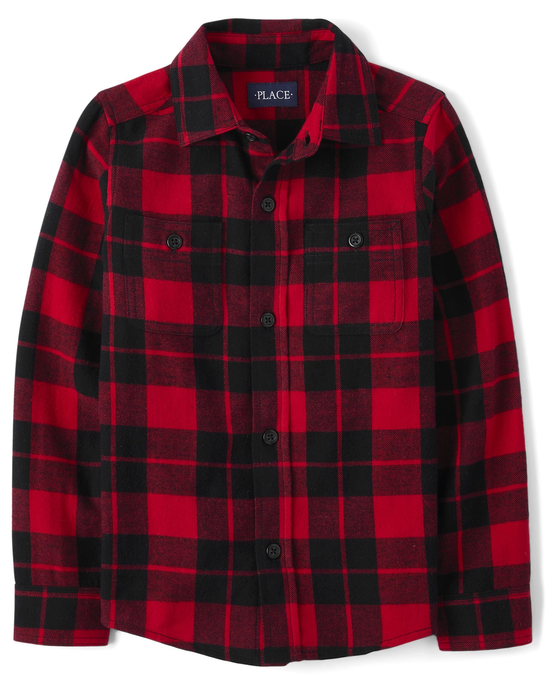 The Children's Place Boys Long Sleeve Plaid Flannel Button Up Shirt Small Red Buffalo Plaid