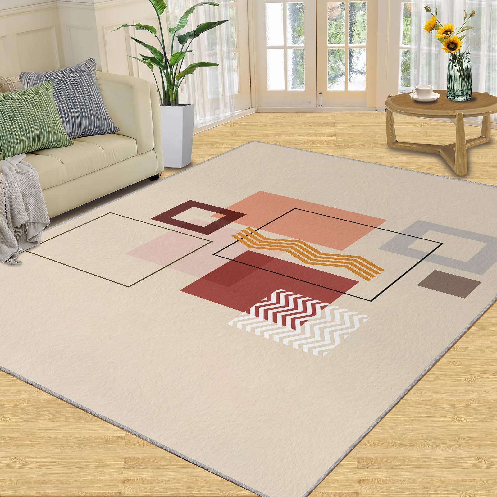 QDJKBL Area Rug 140 X 200 Cm Nordic Medieval Brown Simple, Retro Geometric Quadrilateral Wavy Lines Kitchen Rug, Sofa Cushion Soft and Comfortable for Farmhouse