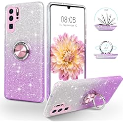 SouliGo Funda para Huawei P30 Pro de 360° con soporte de anillo para soporte magnético para coche, purpurina, funda delgada protectora a prueba de golpes para Huawei P30 Pro de 6.4 pulgadas, morado