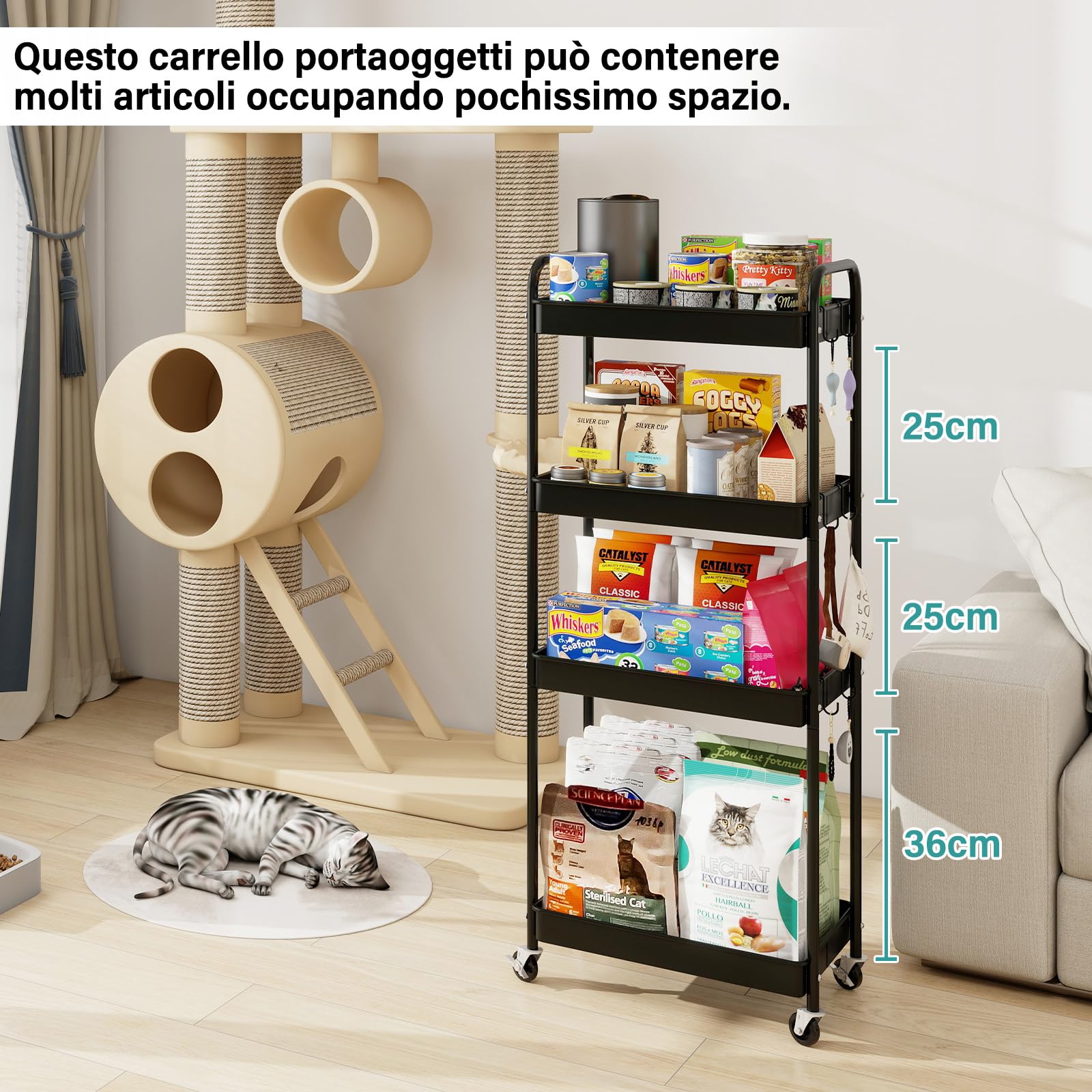 PUNCIA Carrello Portaoggetti a 4 Ripiani in Metallo, Carrello con Rotelle, Etagiera da Cucina con Ruote e Antiruggine, Facile da Pulire, Scaffale Mobile per Cucina, Soggiorno e Bagno (Nero)