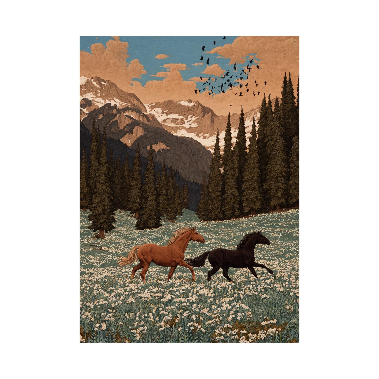 TERUEA Funny Animal Bathroom Canvas Wall Art Two Running Horses Wildflower Meadow Snow Mountain Pine Forest (Brown)-70x100cm Unframed