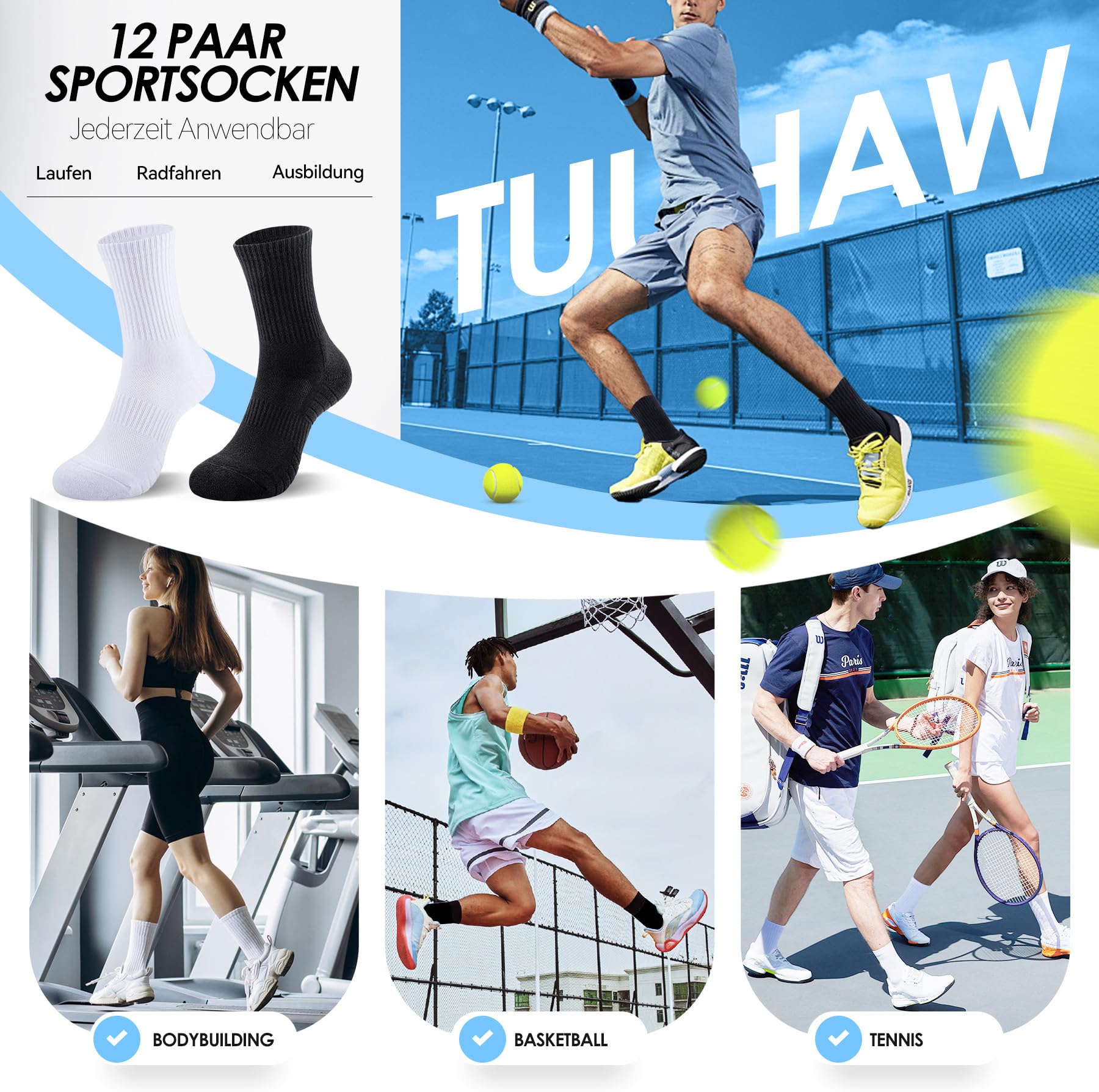 Tennissocken Herren Damen 6 Paar Sportsocken Gepolstert Laufsocken Schwarz Weiß Grau
