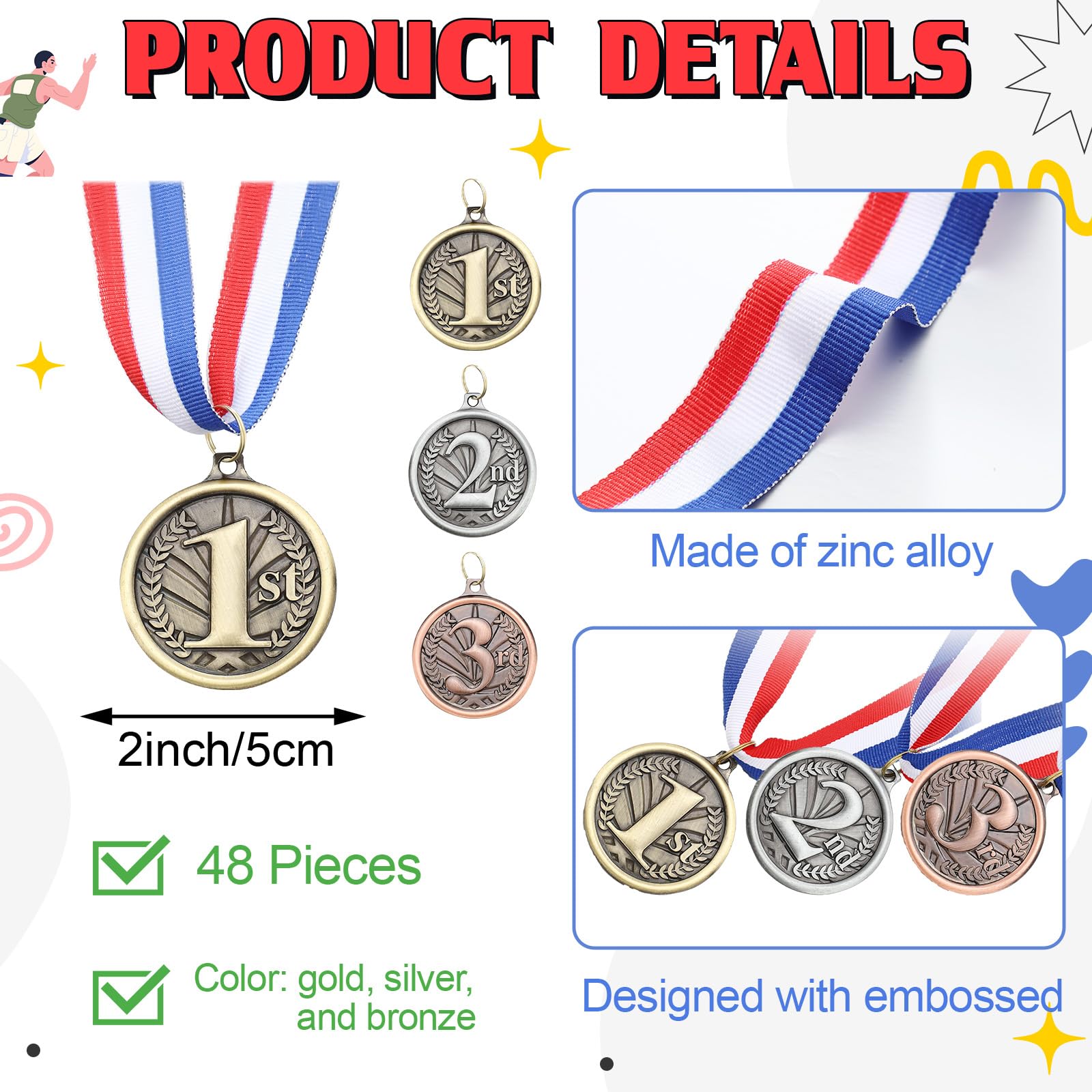 RoundFunny Medallas de premio para el ganador de premios, medalla de oro, plata, bronce con cinta para el cuello, premio trofeo para competiciones deportivas, fiestas, 5 cm