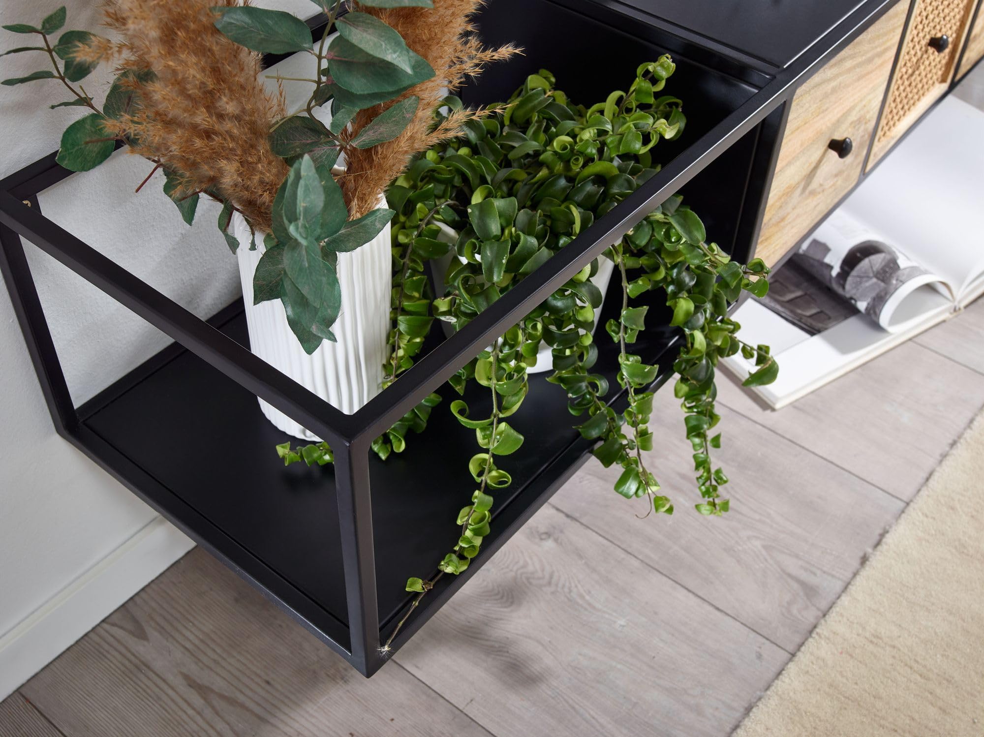 FineBuy HiFi Lowboard Hout Zwart/Eiken Decor TV-Dressoir 163x45x40 cm | TV- Meubel met 2 Deuren | TV-Tafel TV-Bord Woonkamer Modern