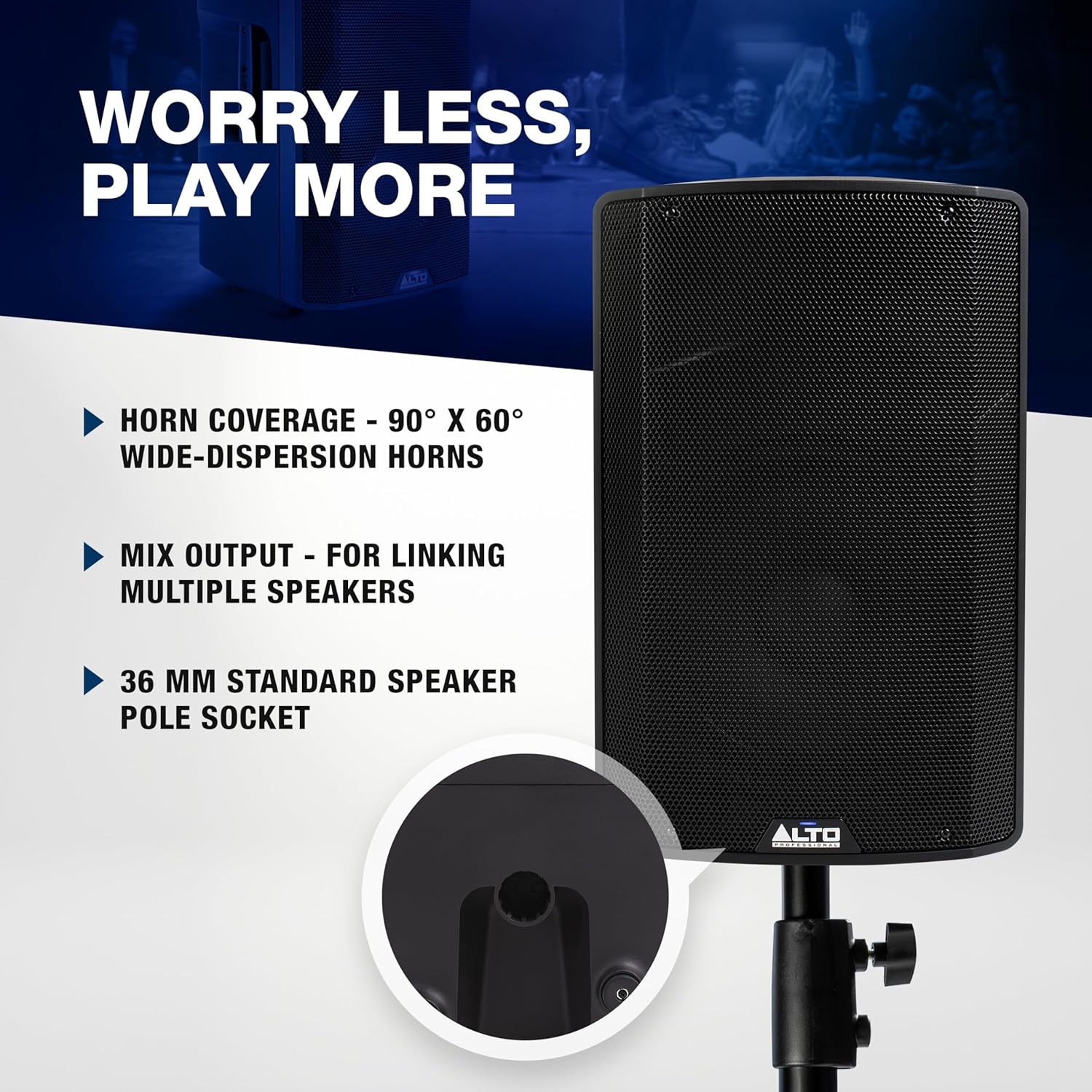 Diagram showing horn coverage, mix output, and 36mm standard speaker pole socket.