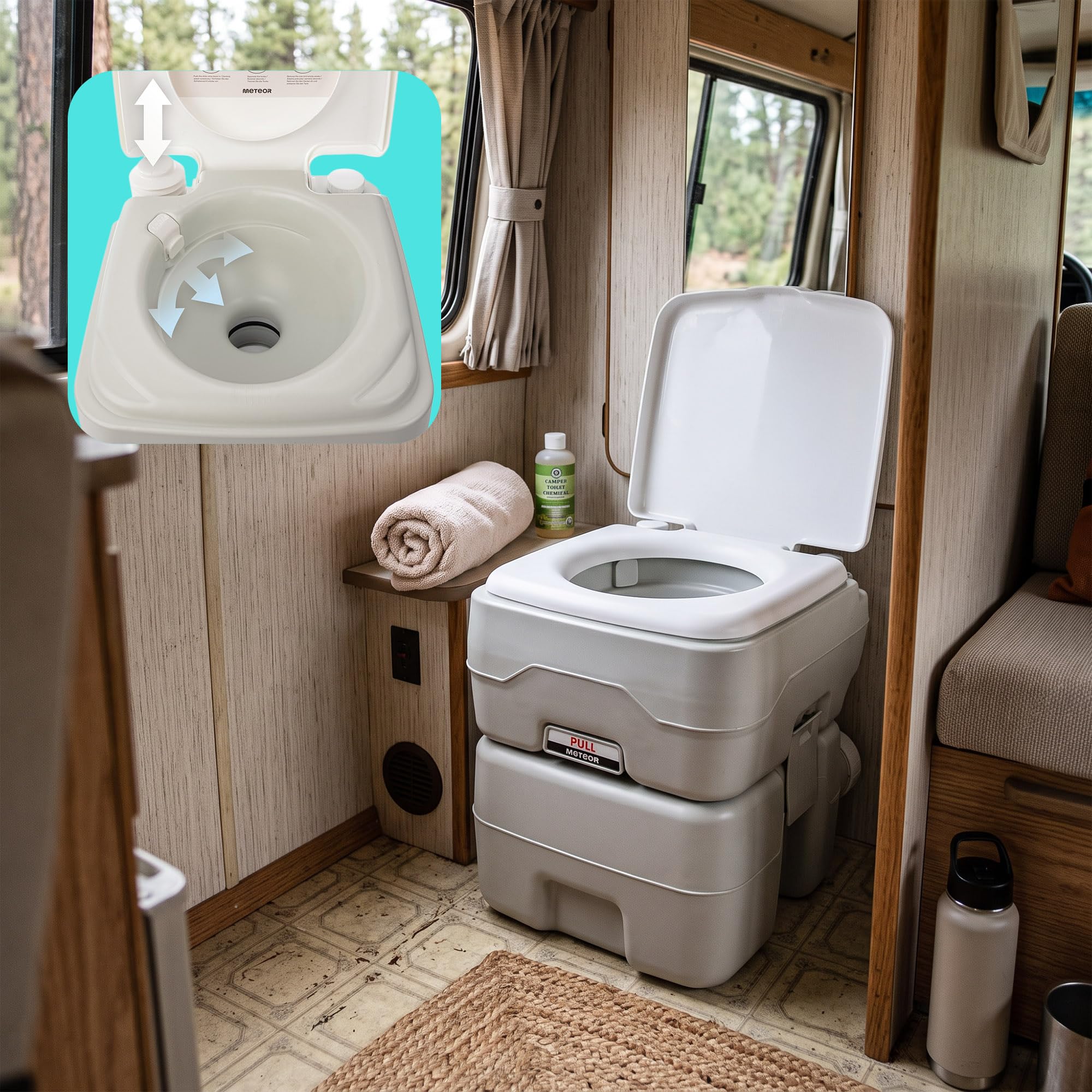 meteor Campingtoilette 20 + 12L Gespült Tank Mobiles WC Touristentoilette Mobile Trenntoilette Autotoilette Camping-Toilette Klo für unterwegs Tragbare Reisetoilette Campingklo bis 200 kg