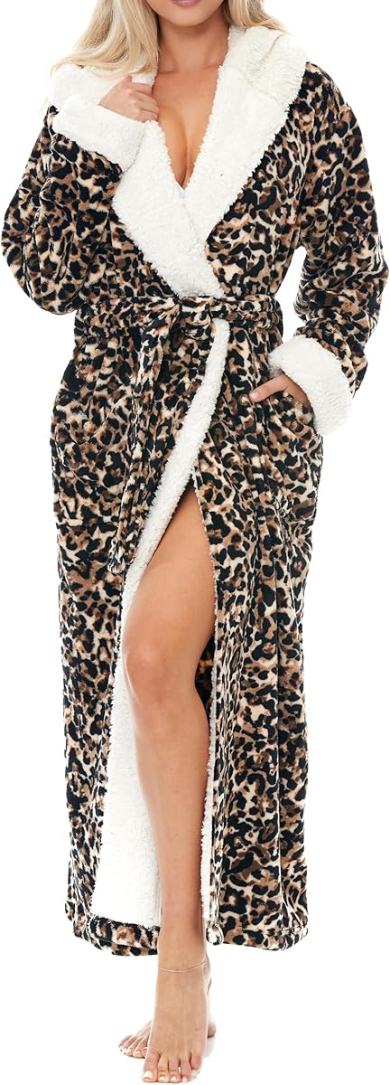 Alexander Del Rossa Sherpa Robes for Women Long, Womens Robes Long Hooded Bathrobes for Women, Winter Plus Size Robe