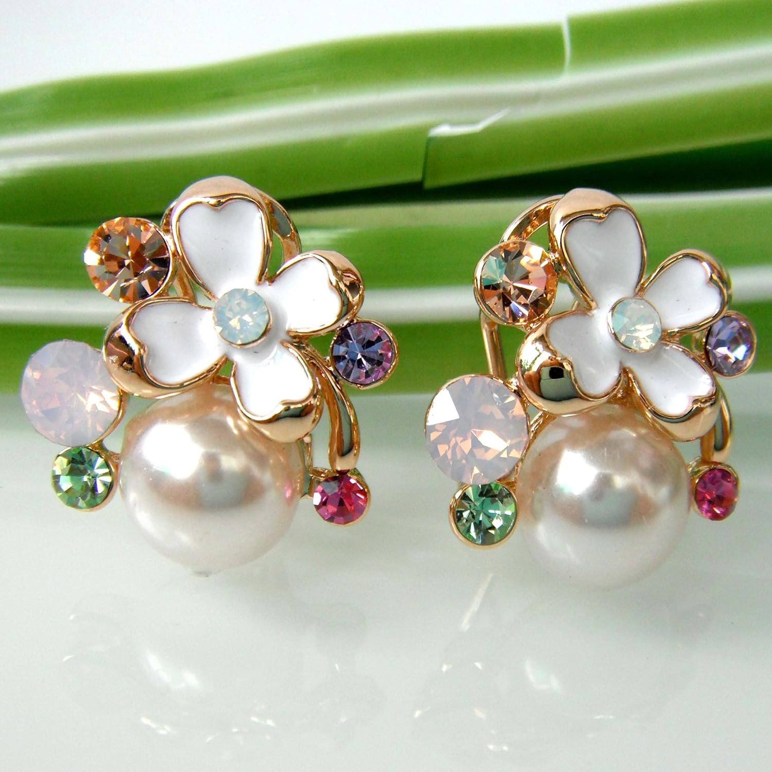 Navachi 18k Gold Plated Colorful Enamel Flower Leaves Multicolor Crystal Clip-on Omega Back Earrings - Image 4