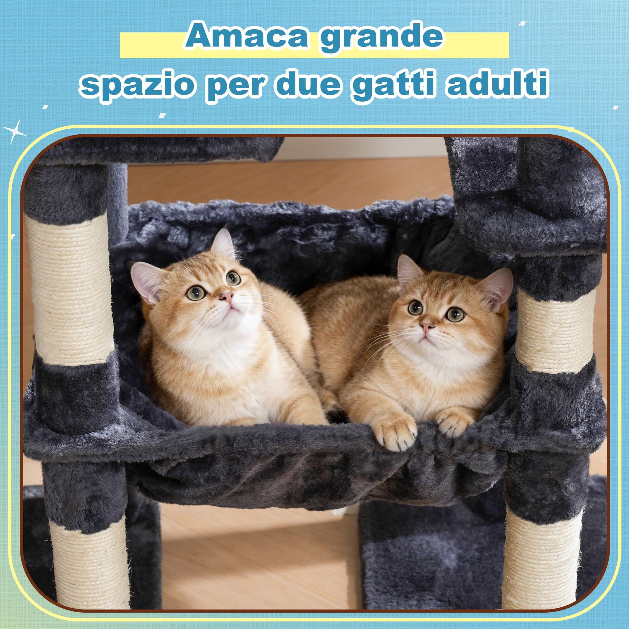 Hey-brother Albero per Gatti, Tiragraffi per Gatti per di con grande piattaforma Per i gatti adulti, Con 2 cuccie per gatti, amaca, arricciatoio di sisale e cestino per gatti, Griso fumé MPJ071G