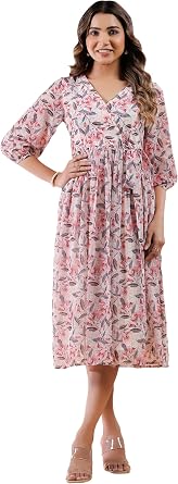 Janasya Womens Georgette Cream Floral Print Casual Wear Summer Dress for Women