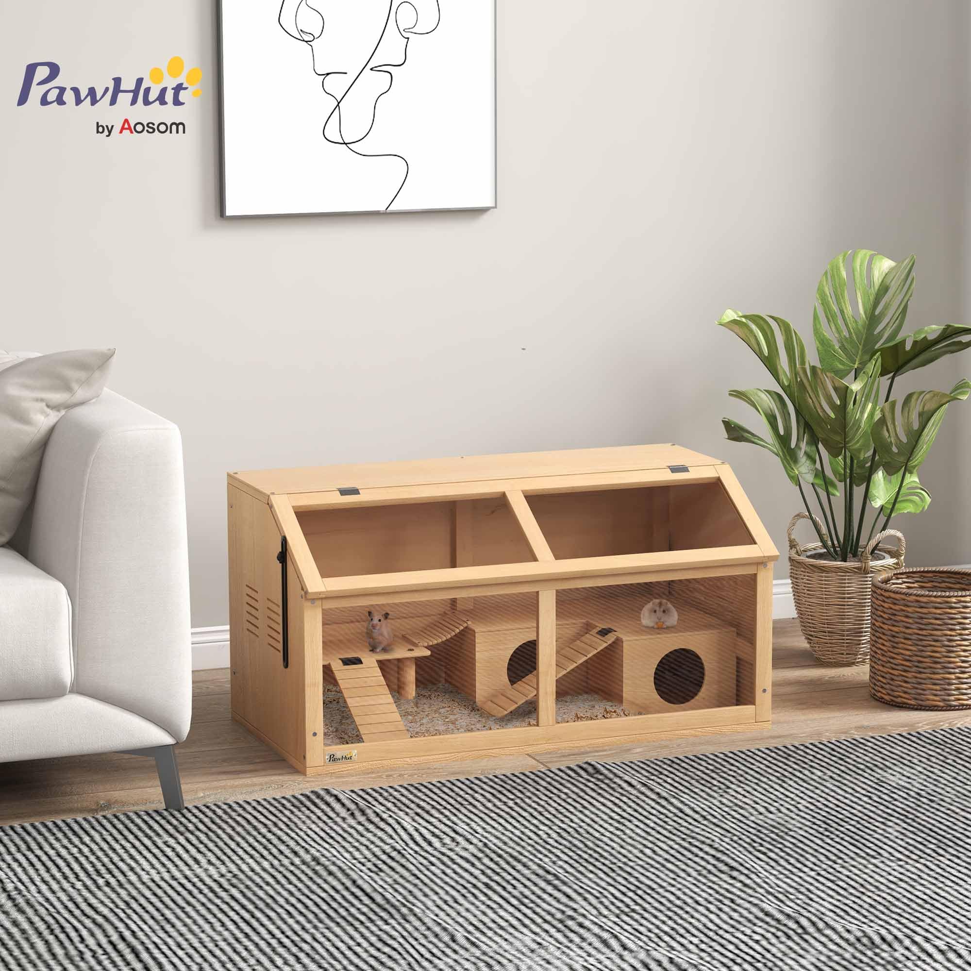 PawHut Gabbia per Criceti Apribile con Piattaforma, Scalette, Capanna e Ponte, Gabbia per Roditori in Legno di Abete, 85x45x44 cm, color Legno