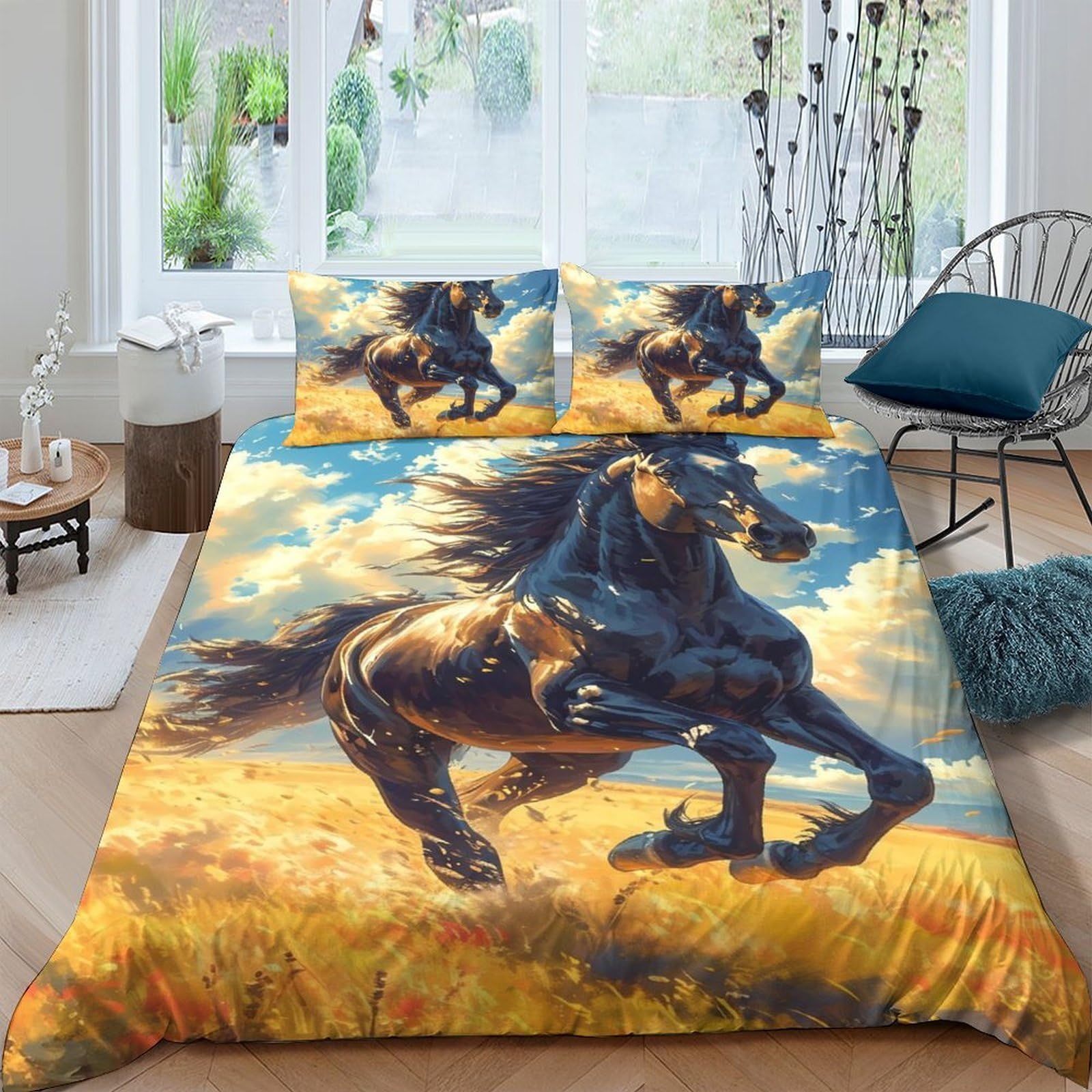 Ctjqhvkz Style-9 3D Printed Black Horse Fitted Sheet Microfiber Soft Breathable Grassland Bed Cover For Bedroom Decor Mattress Protection Single（135X200cm）