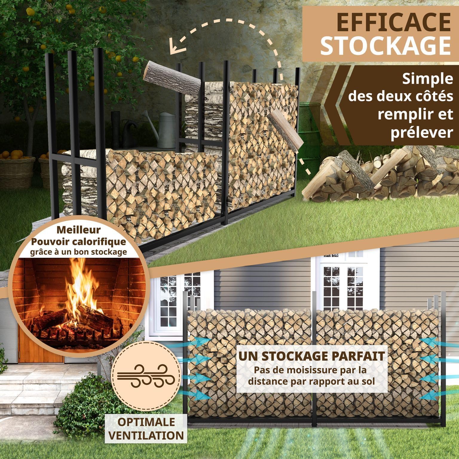 LAWA Porte-bûches extérieur métal galvanisé 223x50x115 cm Support 25-33 cm