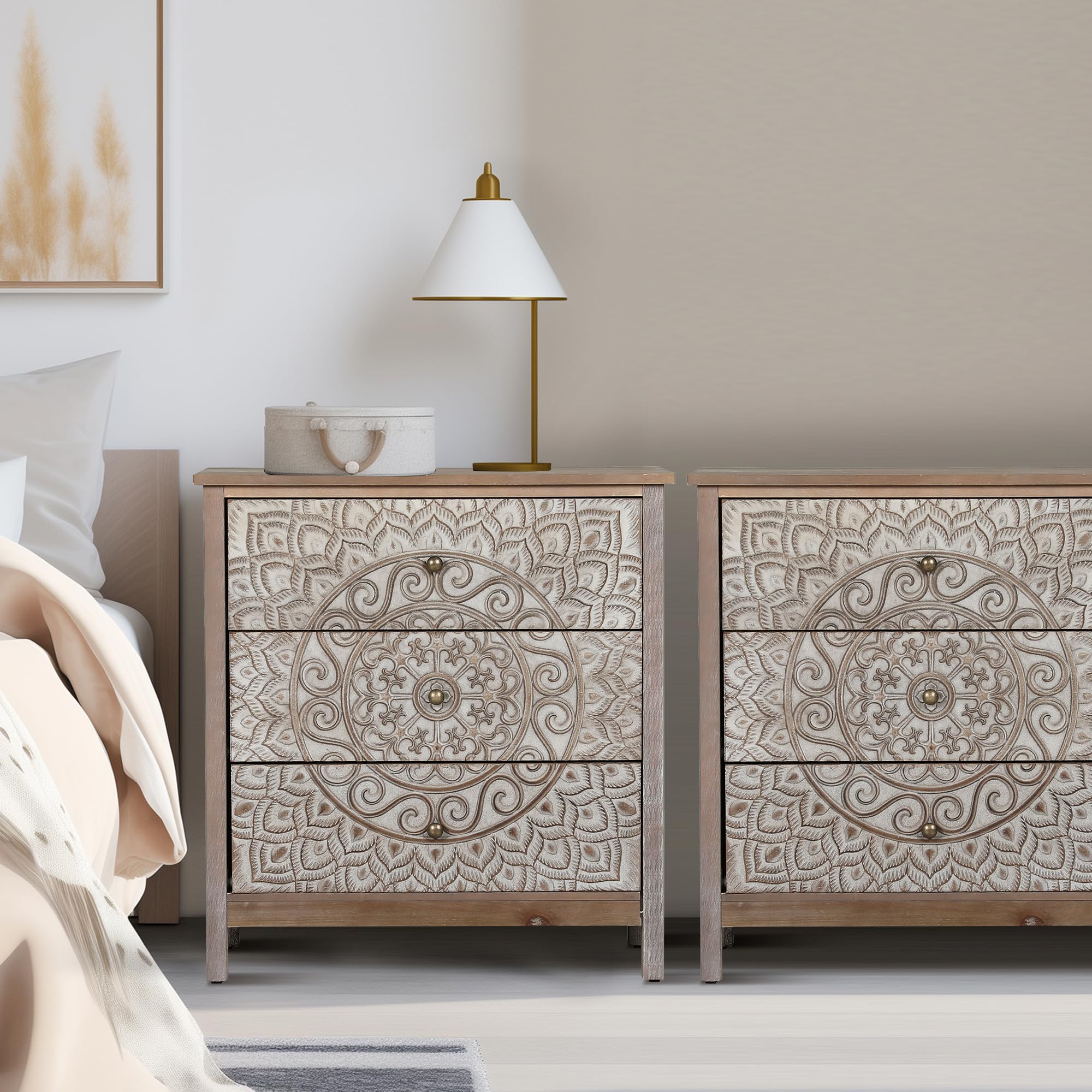 MAISON ARTS 3 Drawer Dresser Set of 2, Large Chest of Drawers with Roller Slides Farmhouse 30.5" Tall Wooden Nightstand Boho Accent Storage Cabinet for Bedroom Living Room Entryway Hallway