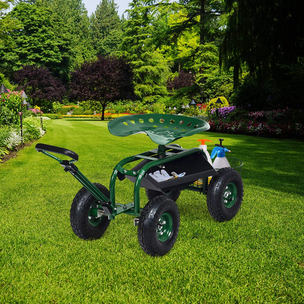 COSTWAY Sgabello per Giardinaggio con Ruote, Sedile da Giardino Regolabile in Altezza con Manico Estensibile, Cesto Portaoggetti, 2 Vassoi e 4 Ruote in Gomma (96,5 x 48,5 x 45,5-54,5 cm)