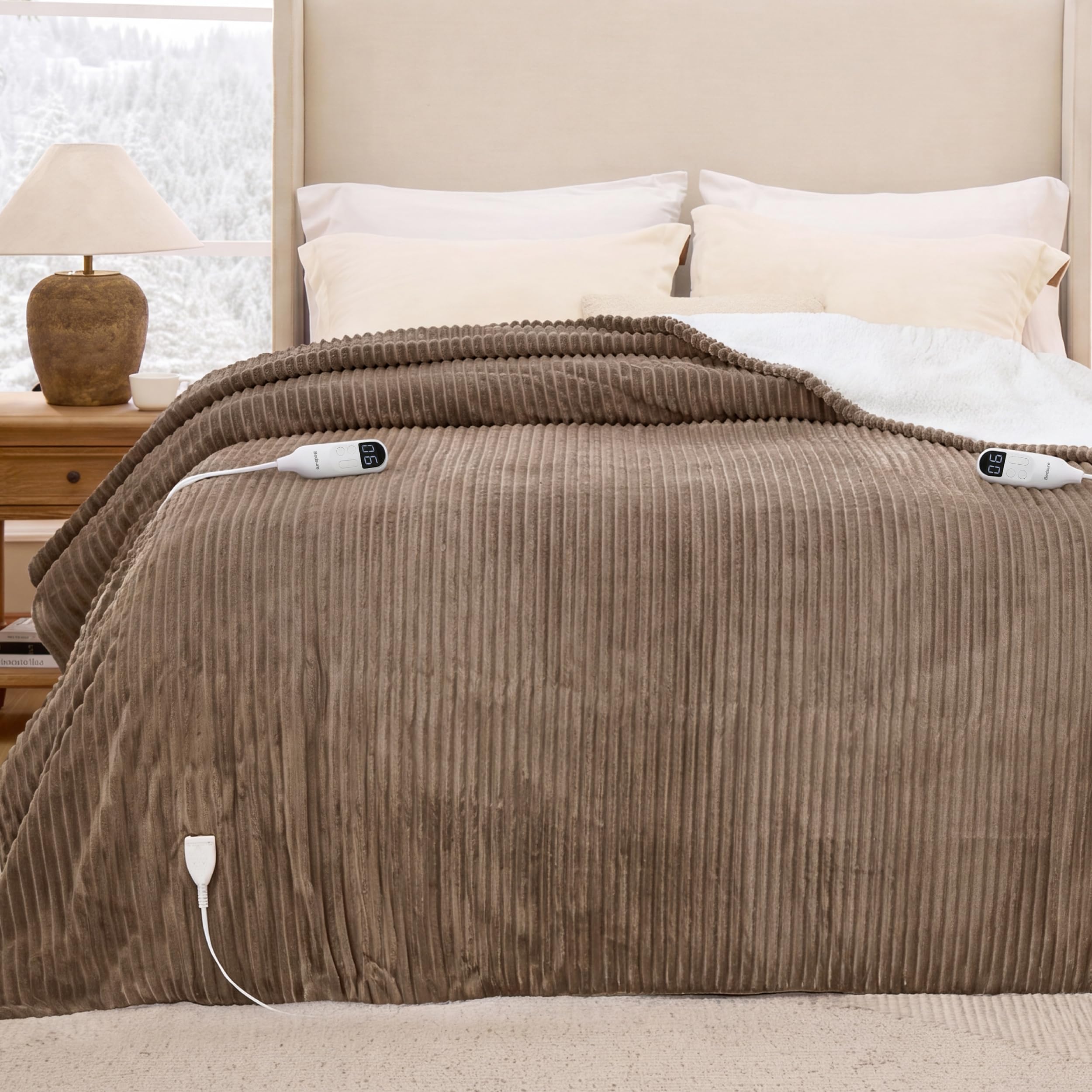 Bedsure Ribbed Electric Blanket Queen, Brown Heated Blanket, Preheat