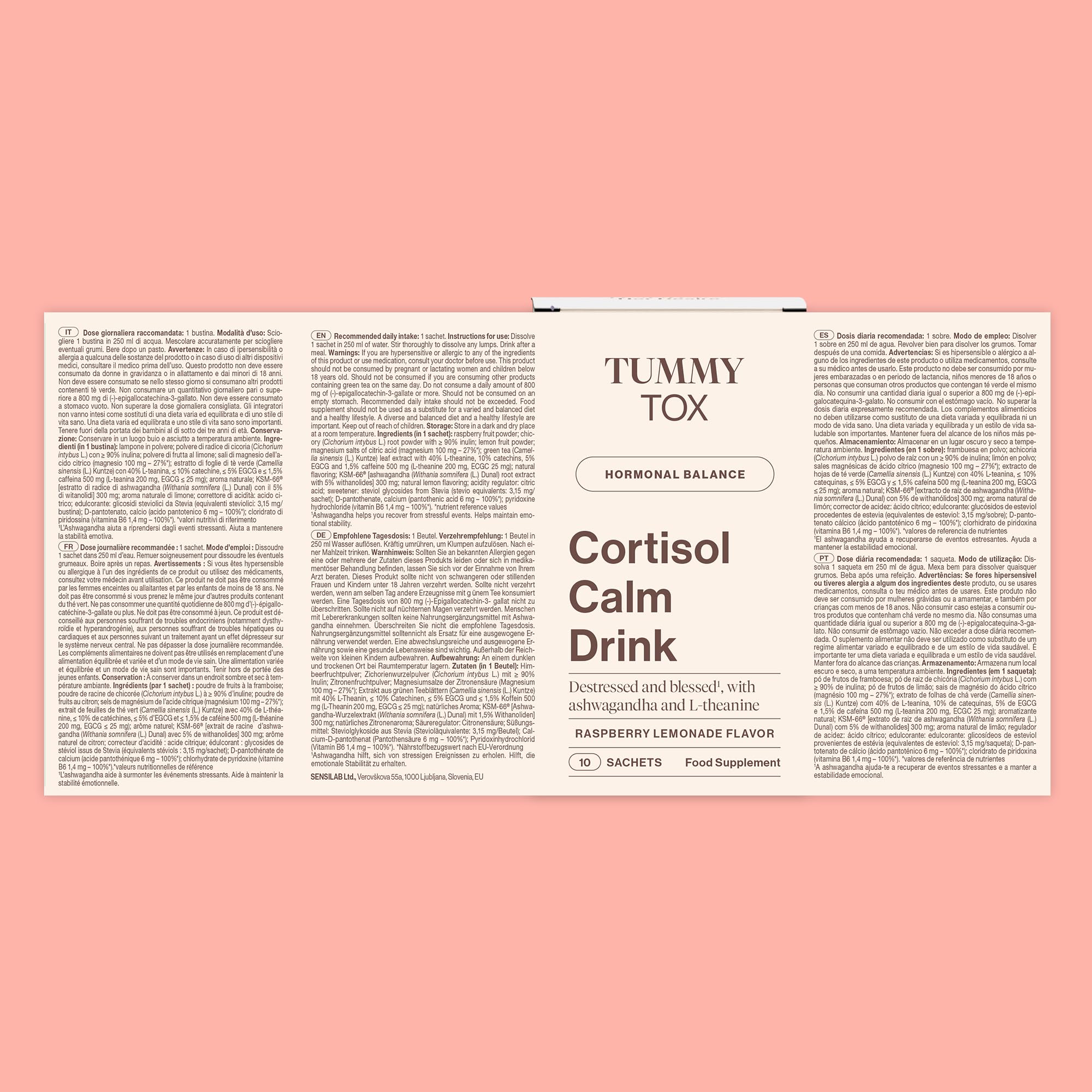 Cortisol Calm Drink con Ashwagandha KSM-66, L-Teanina, Tè Verde, Magnesio, Integratore per abbassare il cortisolo, 30 bustine, Tummy Tox