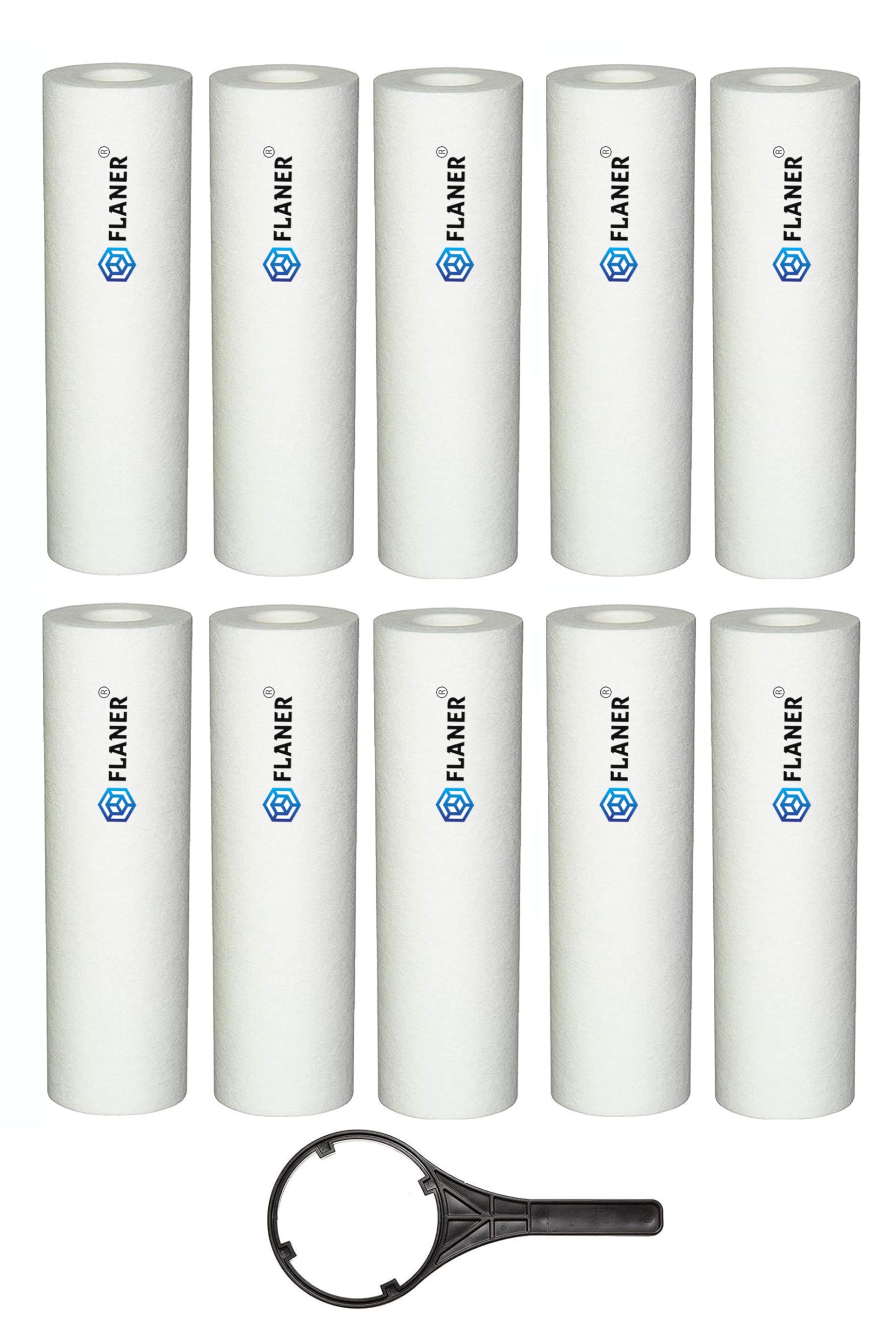 flaner 10pcs pp spun filter + 1 spanner for all types of ro water purifiers (10 inch, 5 micron) ro housing sediment filters | replacement high-density spun filter cartridge pre filter candle (10)