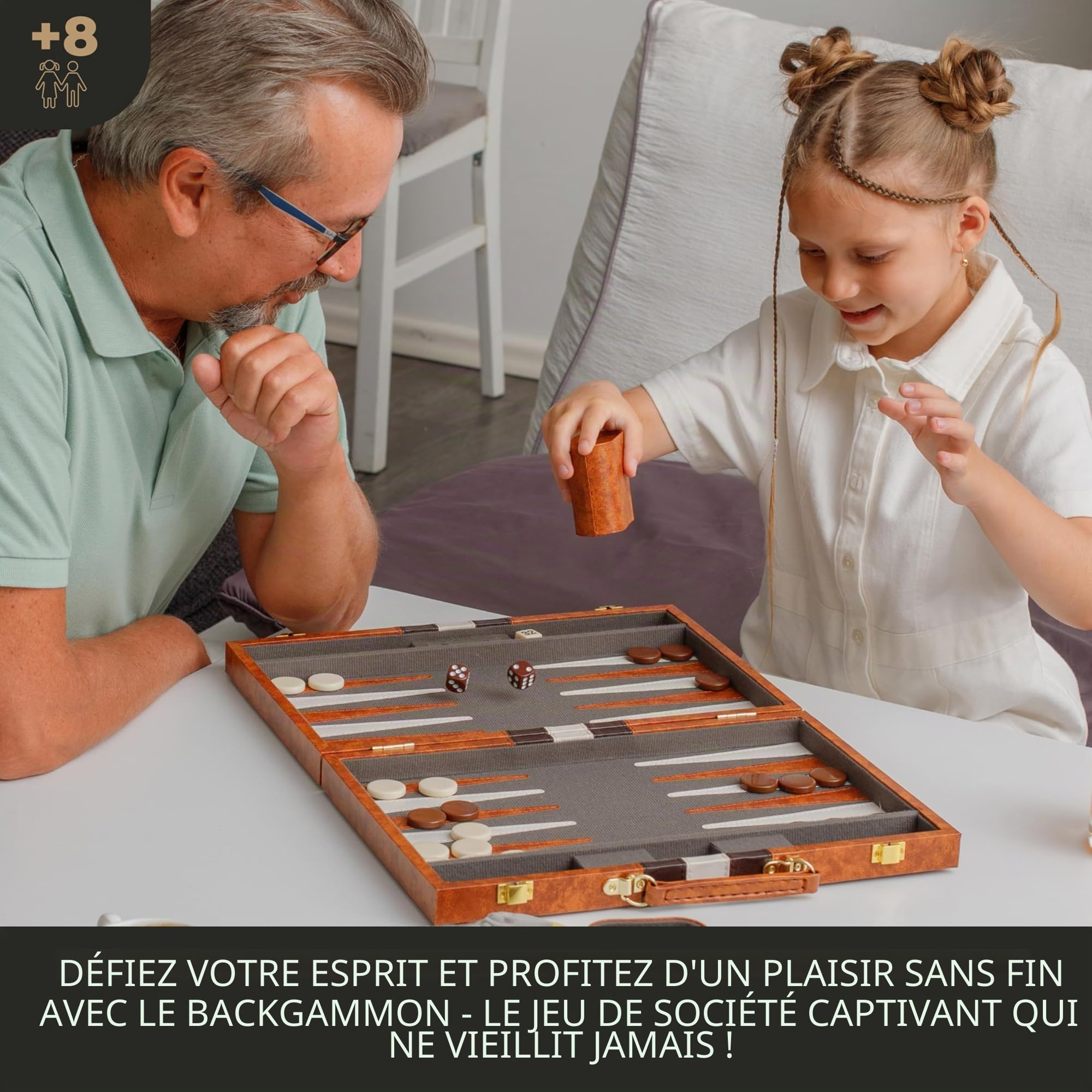 Grand Jeu De Backgammon pour Adultes - Jeux De Société Classiques pour 2 Joueurs Adultes Et Enfants - Jeu De Backgammon Premium avec Plateau 38 Cm Et 32 Pions dans Étui en Cuir PU De Qualité