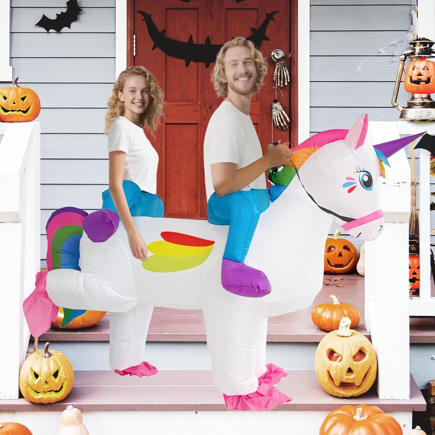Couples Inflatable Unicorn Costume Halloween Adult Ride On Deluxe Funny Air Blow Up Costume for Women Men