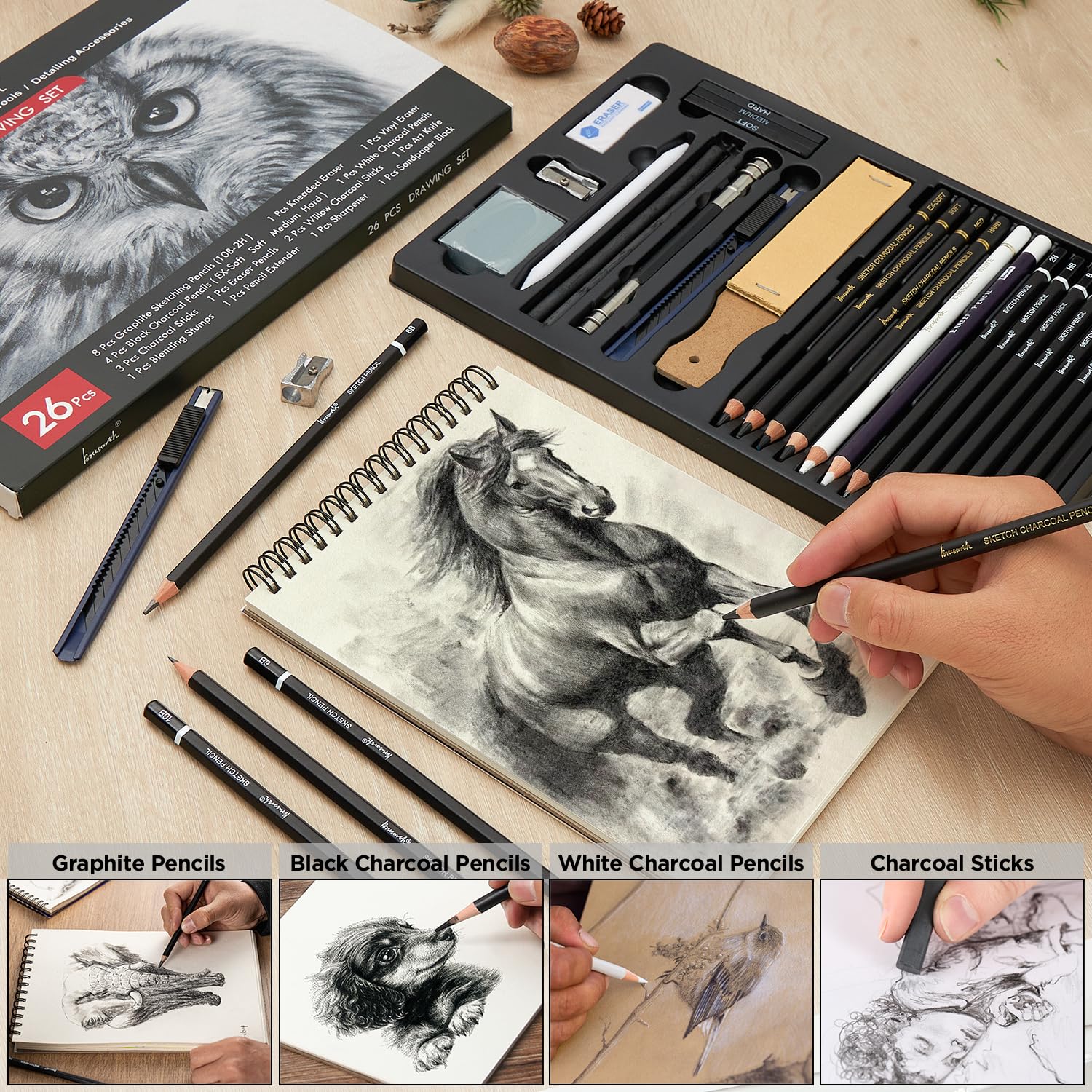 Brusarth Lápices de carbón para dibujar, juego de 26, lápices de dibujo profesional, suministros de arte para dibujar, sombrear, bocetos, mezclar, lápices de artista para principiantes y artistas