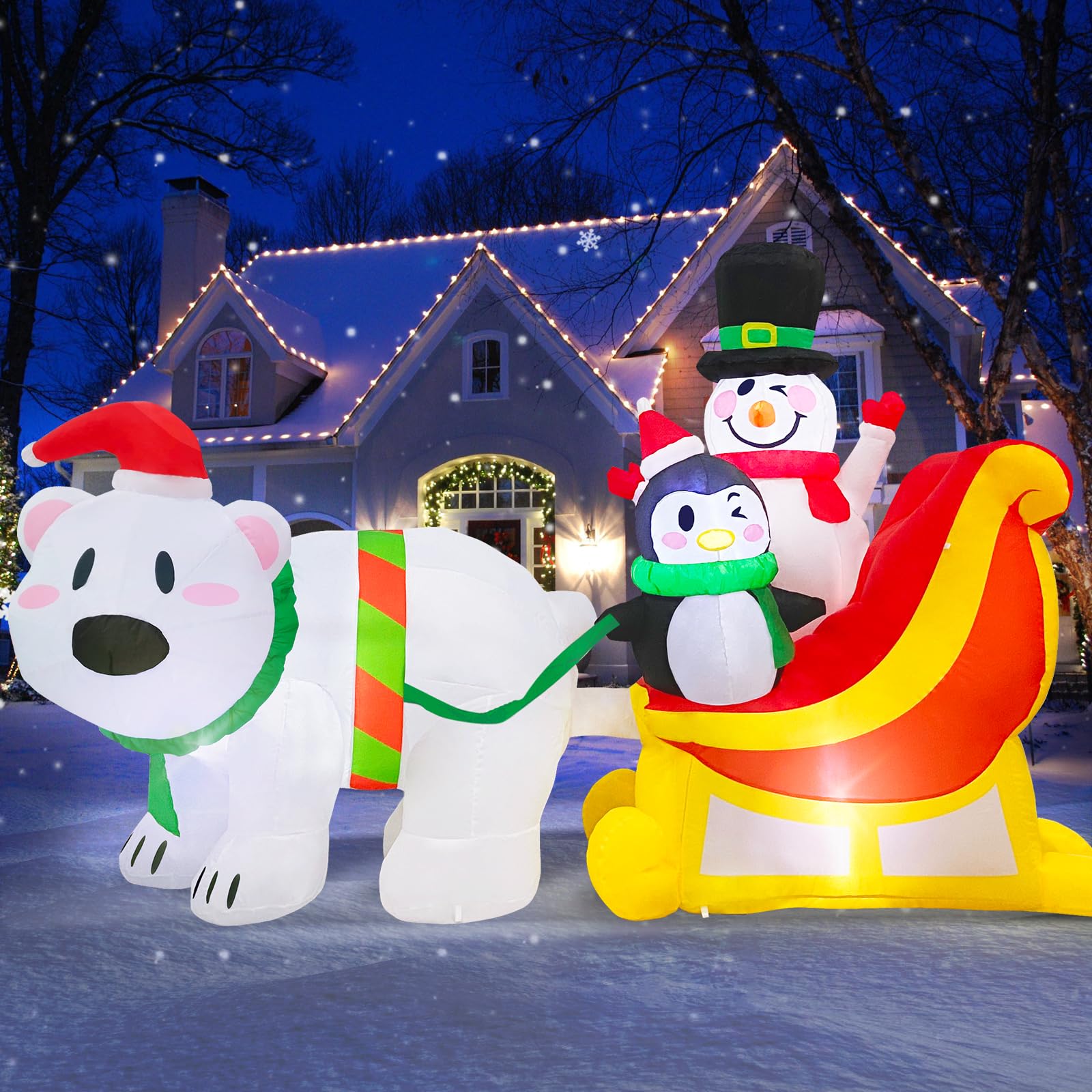 MICOCAH 7 FT Long Christmas Inflatables Snowman & Penguin on Sleigh with Polar Bear Inflatable Outdoor Christmas Decorations, Built-in LEDs Blow Ups for Yard Xmas Party Holiday Indoor Lawn Garden