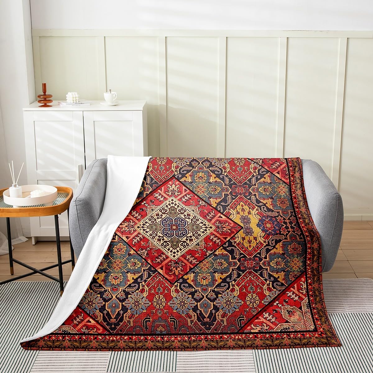 Erosebridal Boho Floral Throw Blanket, Retro Flower Grid, Tribal Fashion Bohemian Red Green Lacy Fleece, Kids Vintage Lattice Damask Paisley Fuzzy Queen Inch