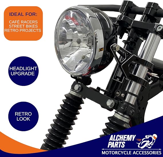 Alchemy Parts Motorcycle Headlight Headlamp 6.5 inch 165mm Diameter | Universal Fit for Retro Cafe Racer, Custom Street Bike, Project Roadster | Homologated E-marked (Gloss Black with Chrome Bezel)