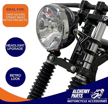 Alchemy Parts Motorcycle Headlight Headlamp 6.5 inch 165mm Diameter | Universal Fit for Retro Cafe Racer, Custom Street Bike, Project Roadster | Homologated E-marked (Gloss Black with Chrome Bezel)