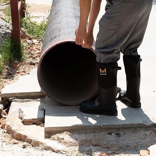 Vista 8 de Botas de trabajo de goma, botas de goma con punta de acero para hombres, botas de caza de goma impermeables de neopreno de 0.236in para agricultura