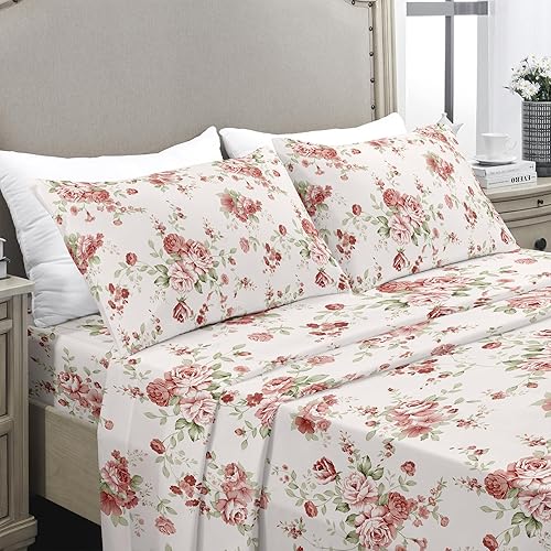 YIYEA King Sheets - Floral Print - Luxury Double Brushed Microfiber Sheet Set - Lightweight Breathable Cooling King Bed Sheets - 16" Deep Pocket,
