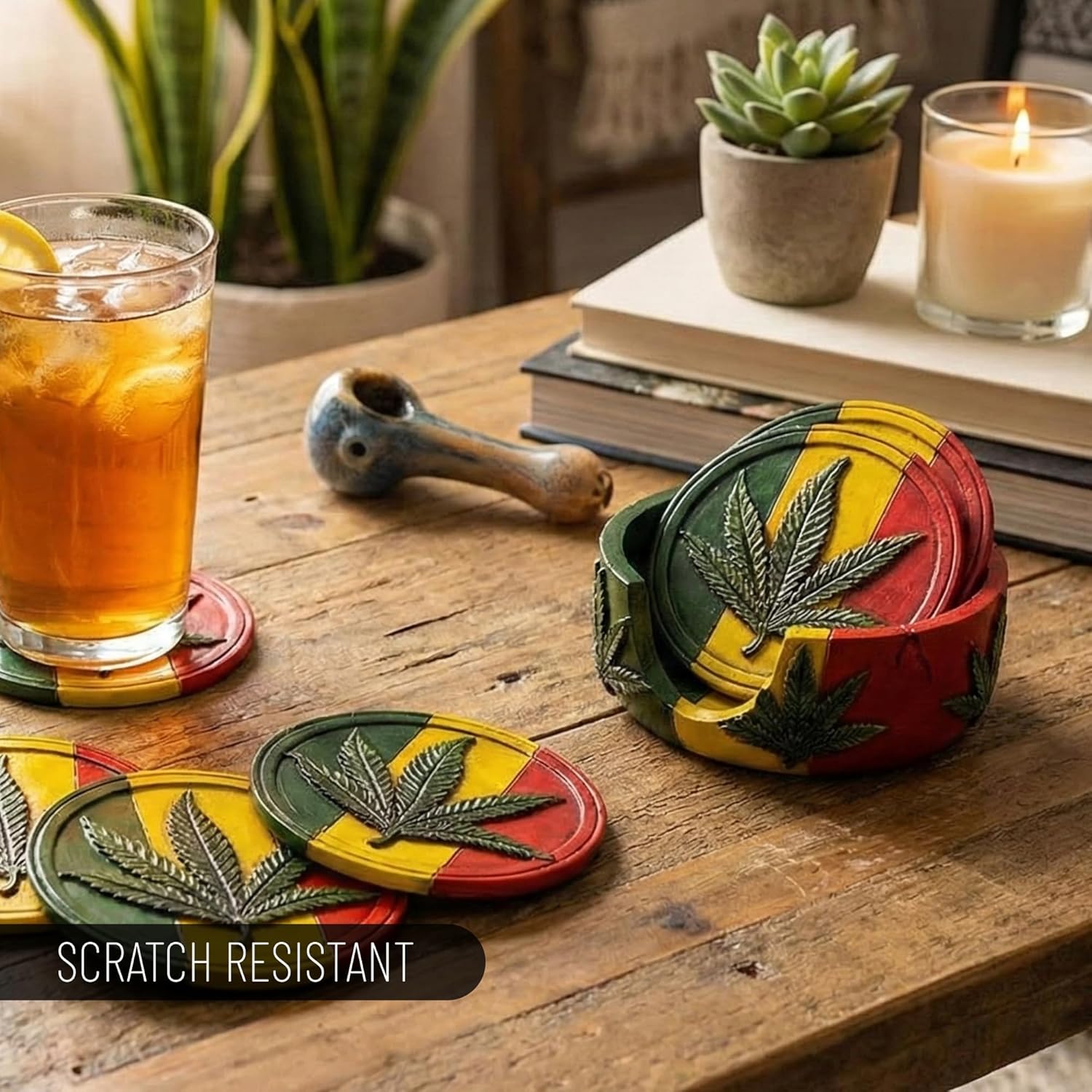 Rasta Coasters Set for Drinks - Jamaican Modern Coaster Set Cool Housewarming Gifts Decorations for Home - Coasters with Holder Wine Bar Accessories and Decor - Rastafarian Art