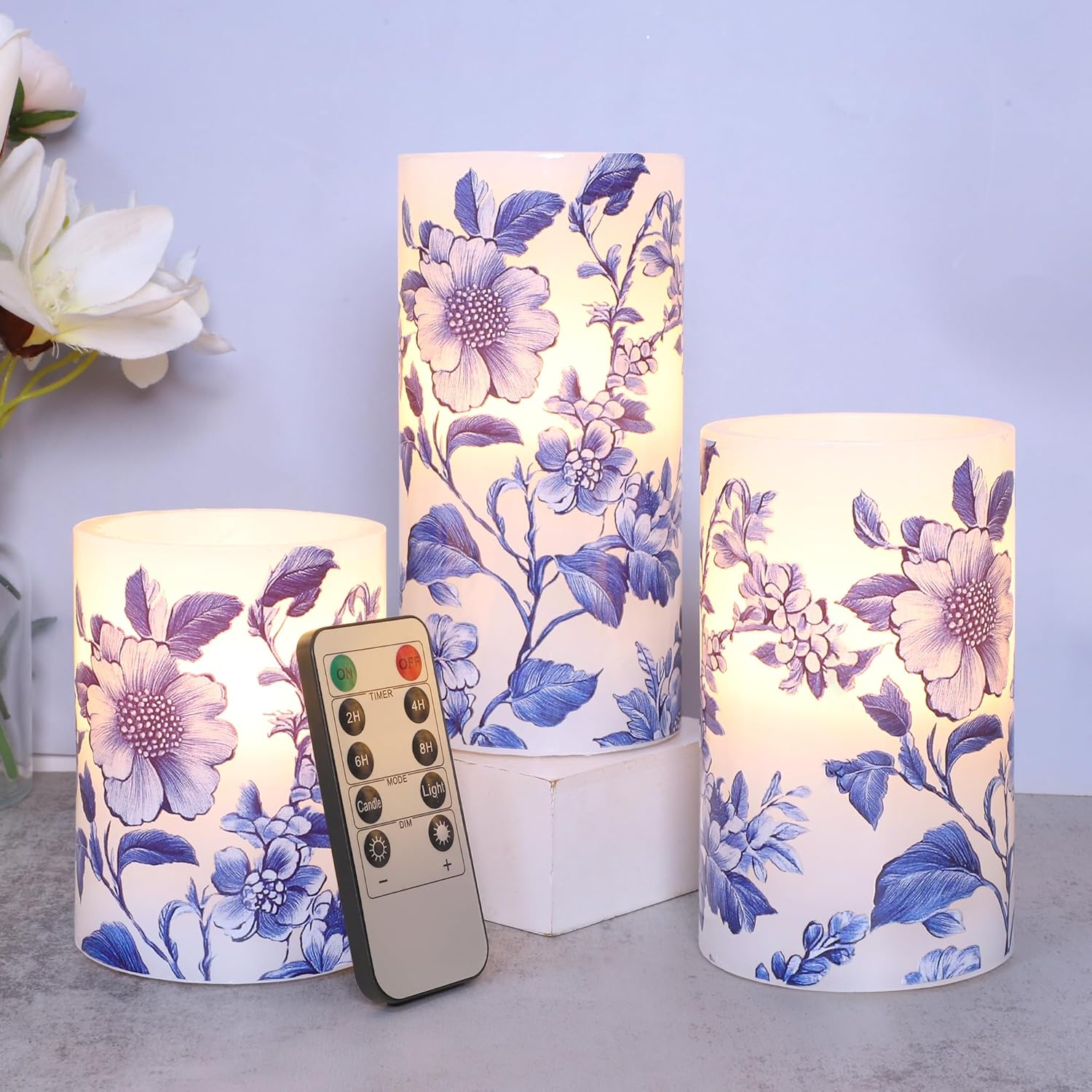 Crystal Club Chinoiserie Decor Flameless Candles Blue and White Porcelain Floral Battery Operated LED Pillar Candles with Remote & Timer Real Wax Candles Floral Decor for Home Wedding Centerpiece