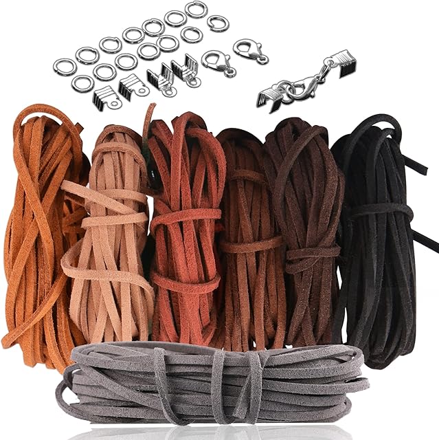 Leather Cords for Jewellery Making, SOSMAR 7 Rolls Leather Necklace Cord String Rope Strips 3mm 35m Suede Cord for Making Bracelets Dream Catcher Home DIY Crafts with Cord Ends