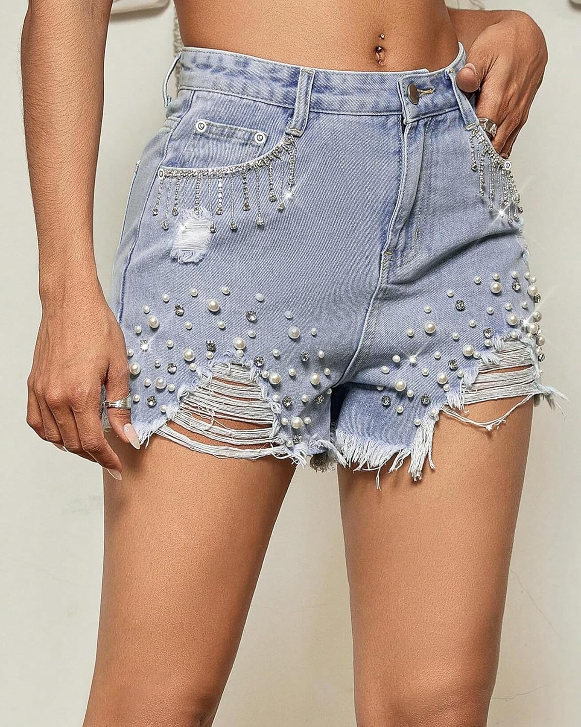 LifeShe Women Denim Short Rhinestone Tassel Jean Short Pearl Beaded Frayed Raw Hem Jean Shorts - Image 3