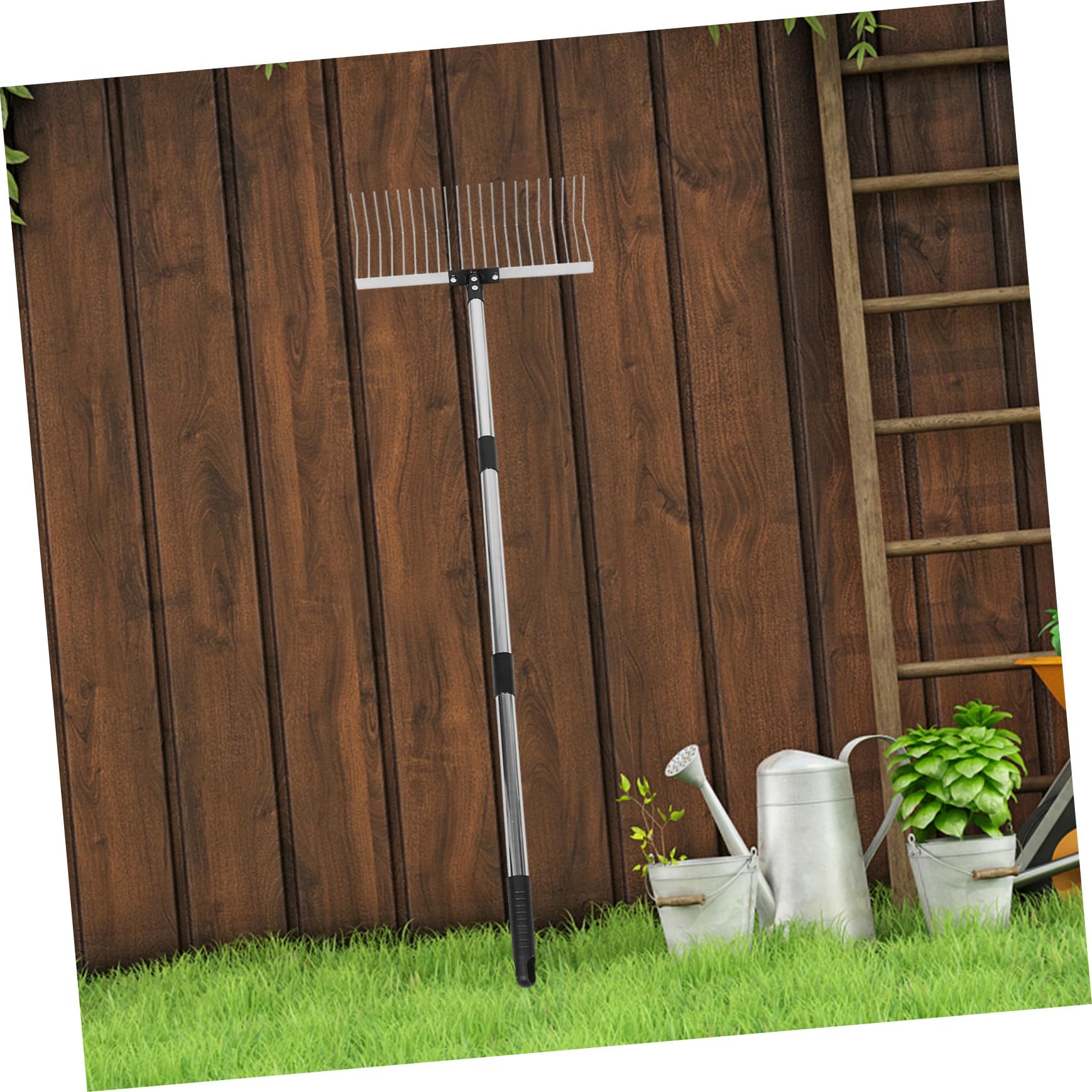 Rastrillo de jardín de metal resistente con mango de acero inoxidable desmontable, perfecto para aireación del suelo, nivelación del césped y recolección eficiente de hojas en tu jardín