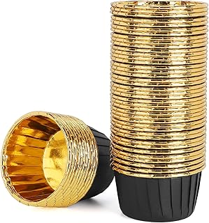 EUSOAR Foil Cupcake Liners, 3.5oz 50pcs Black Gold Disposable Mini Muffin Liners, Individual Aluminum Dessert Pudding Ramekin Cupcake Baking Cups Containers Tin for Wedding Birthday Bakery Party