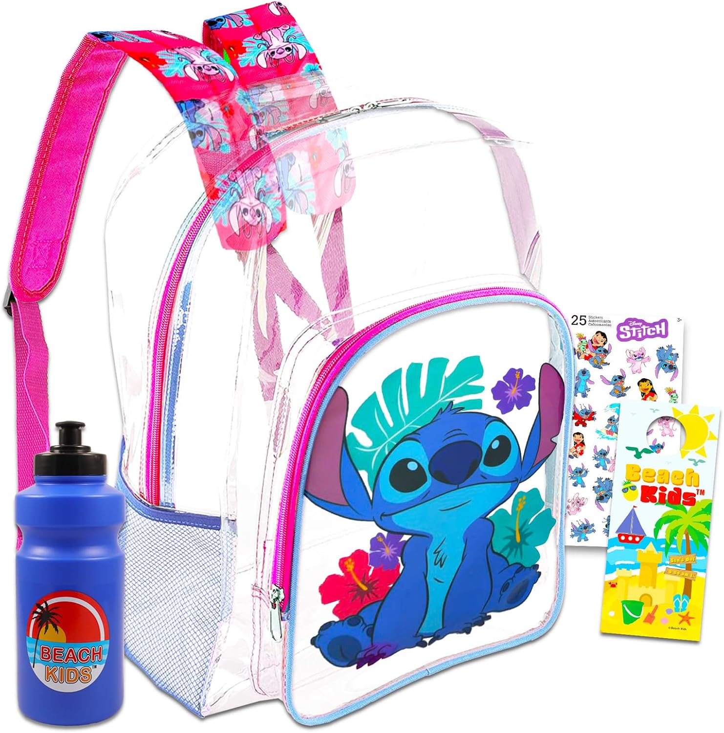 Stitch Clear Backpack - Bundle with Disney School Bag for Girls 16 Inch, Stickers, More | Transparent Stitch Backpack for Kids School Supplies