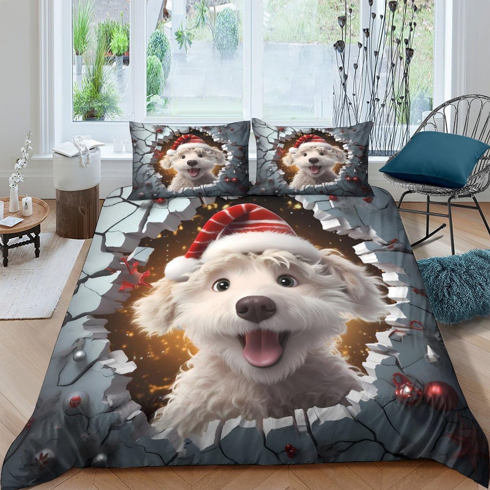 Ctjqhvkz Style-5 3D Printed Christmas Puppy Fitted Sheet Microfiber Soft Breathable Santa Dog Bed Cover For Bedroom Dorm Decor Protection Single（135X200cm）