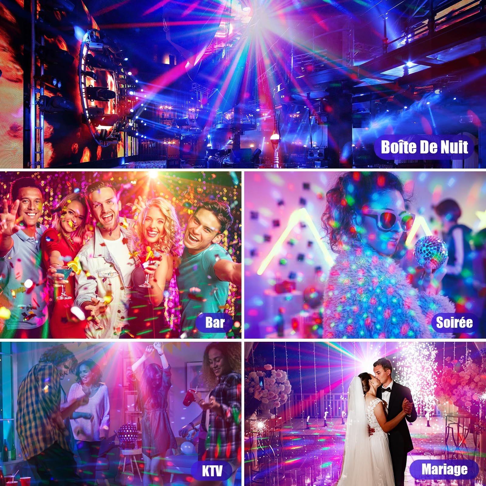 Jeux de Lumiere et Fête 3-en-1 avec Télécommande, Contrôle par Musique & Contrôle Vocal – Lumière Disco, LED RVB, Effet Boule Disco et 72 Motifs pour Fêtes, Clubs, Noël