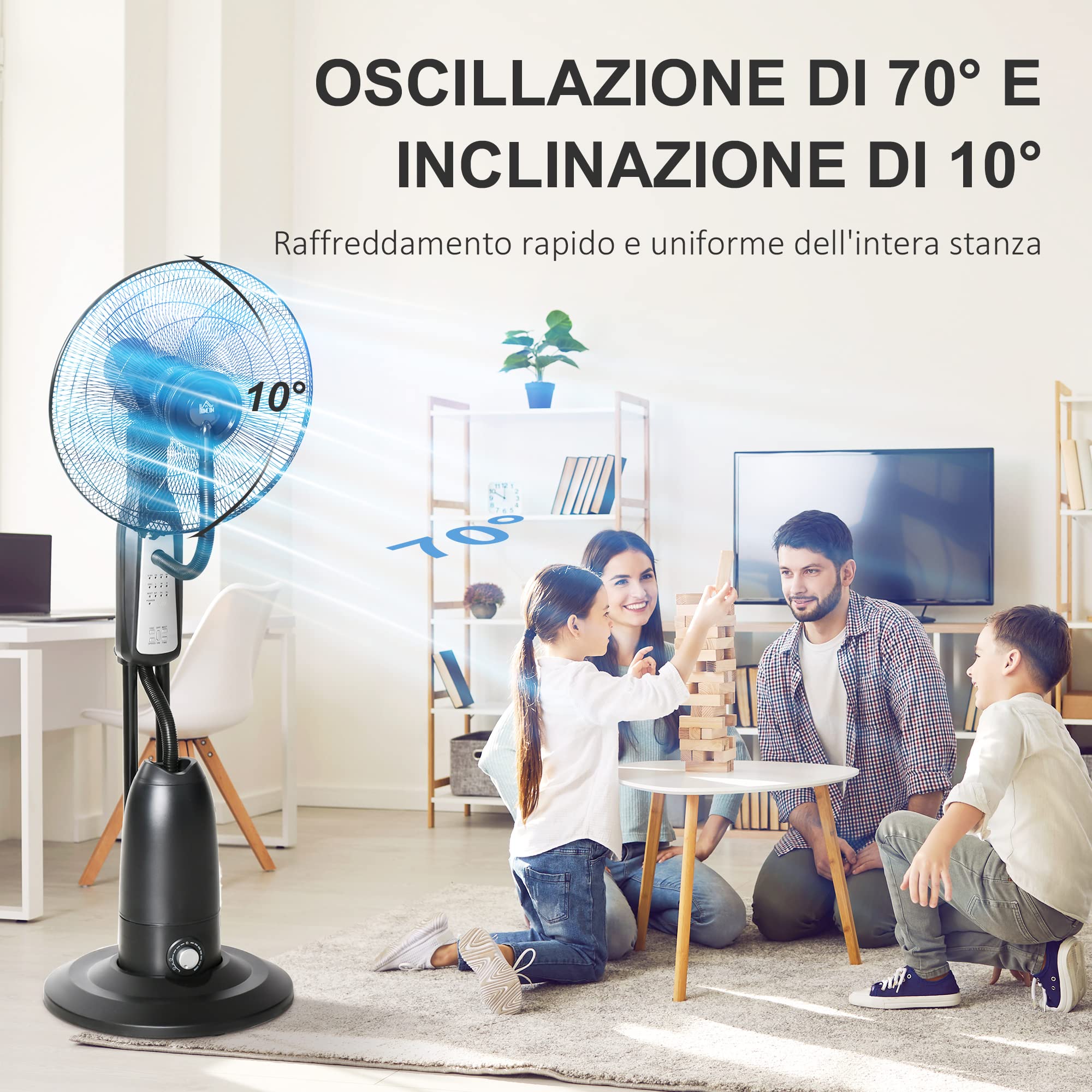 HOMCOM Ventilatore Nebulizzatore e Deumidificatore Oscillante 70° con 3 Modalità, Telecomando e Timer 7.5h, Tanica 2.8L, 90W, Ф44.5cm x 120cm