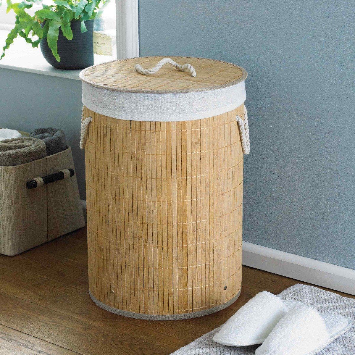 COUNTRY CLUB Round Bamboo Laundry Hamper Basket Clothes Storage Organizer with Lid, Natural, 35 x 35 x 50cm โ image 1