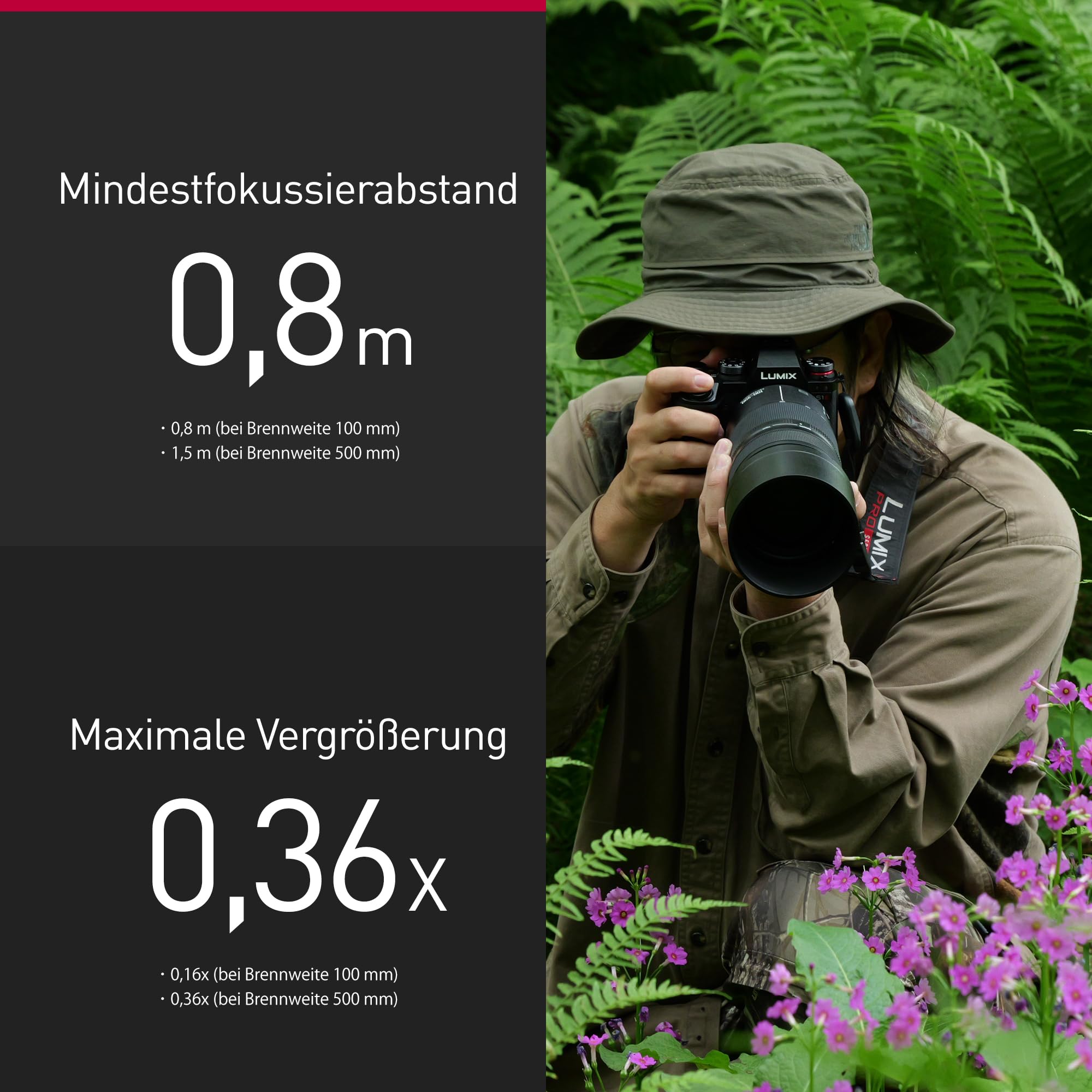Panasonic LUMIX S-R100500E 100-500 mm F5-7.1 O.I.S. L-Mount Objektiv, Vollformat-Telezoom, 0,8 m Naheinstellgrenze, anpassbarer Fokusring, wetterfest, Schwarz