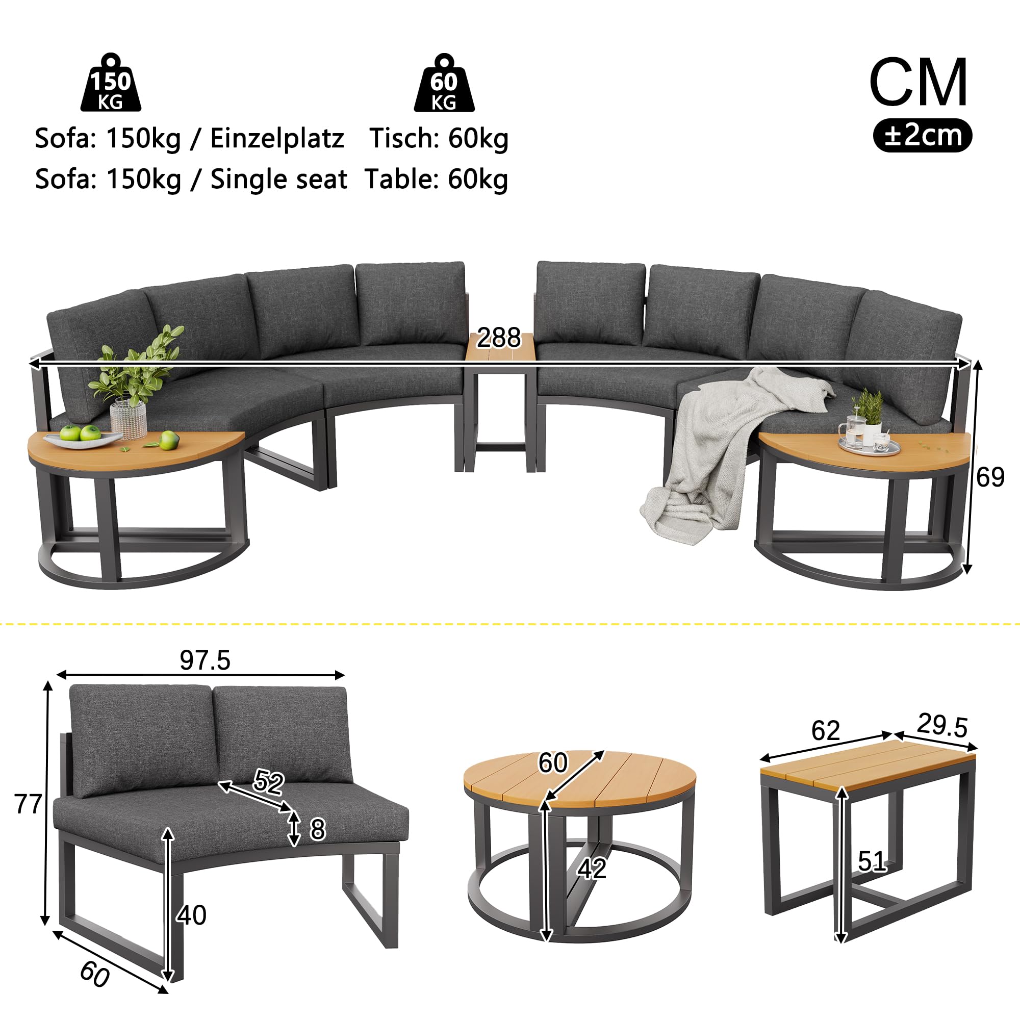 Gartenmöbel-Set für 4-6 Personen, Garten Loungesessel Set, Bequeme Gartenmöbel mit grauen Sitzpolstern und Kissen, verstellbare Beine, rundes Sofa, grau (4-6 Personen)