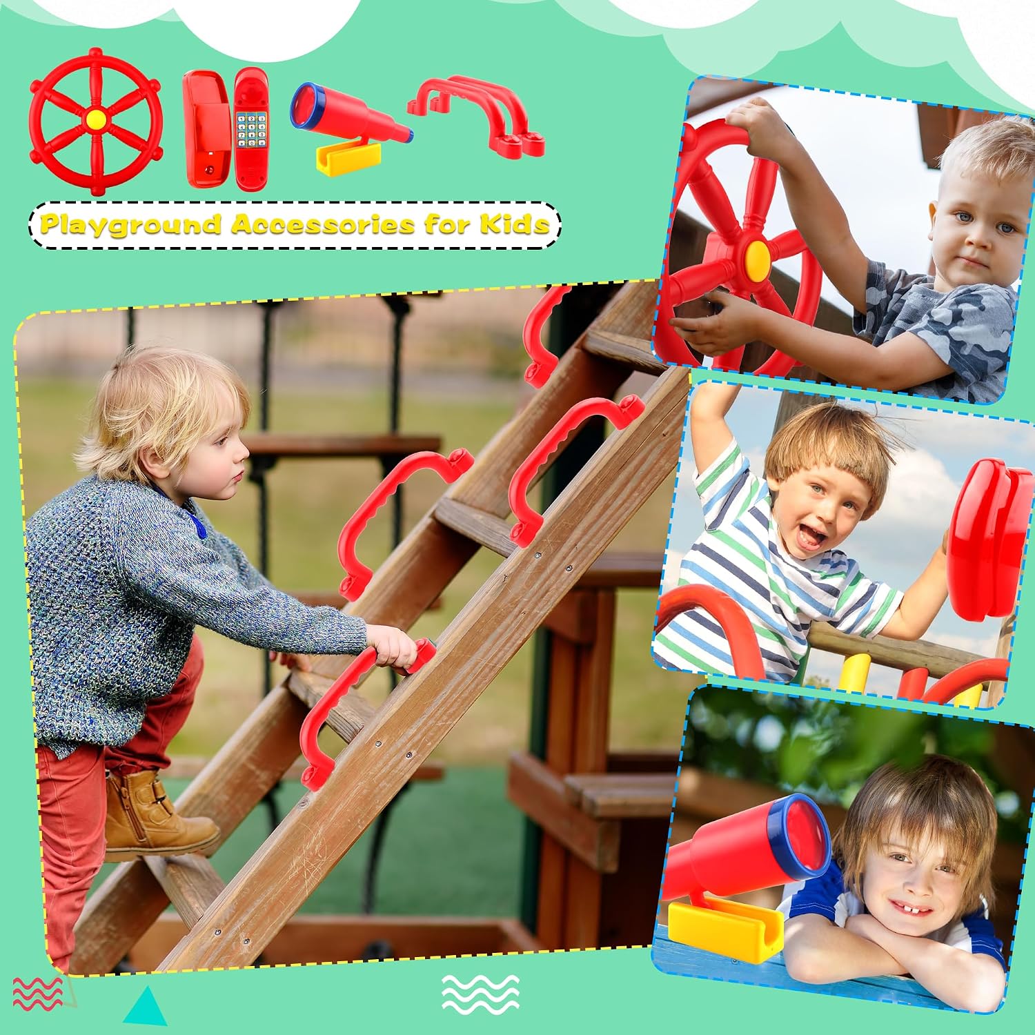 5 Pcs Kids Playground Accessories for Kids Outdoor Plastic Steering Wheel Swingset Phone Pirate Telescope Telephone Safety Handle for Child Backyard Tree House Playhouse Jungle Gym (Red Set 1)