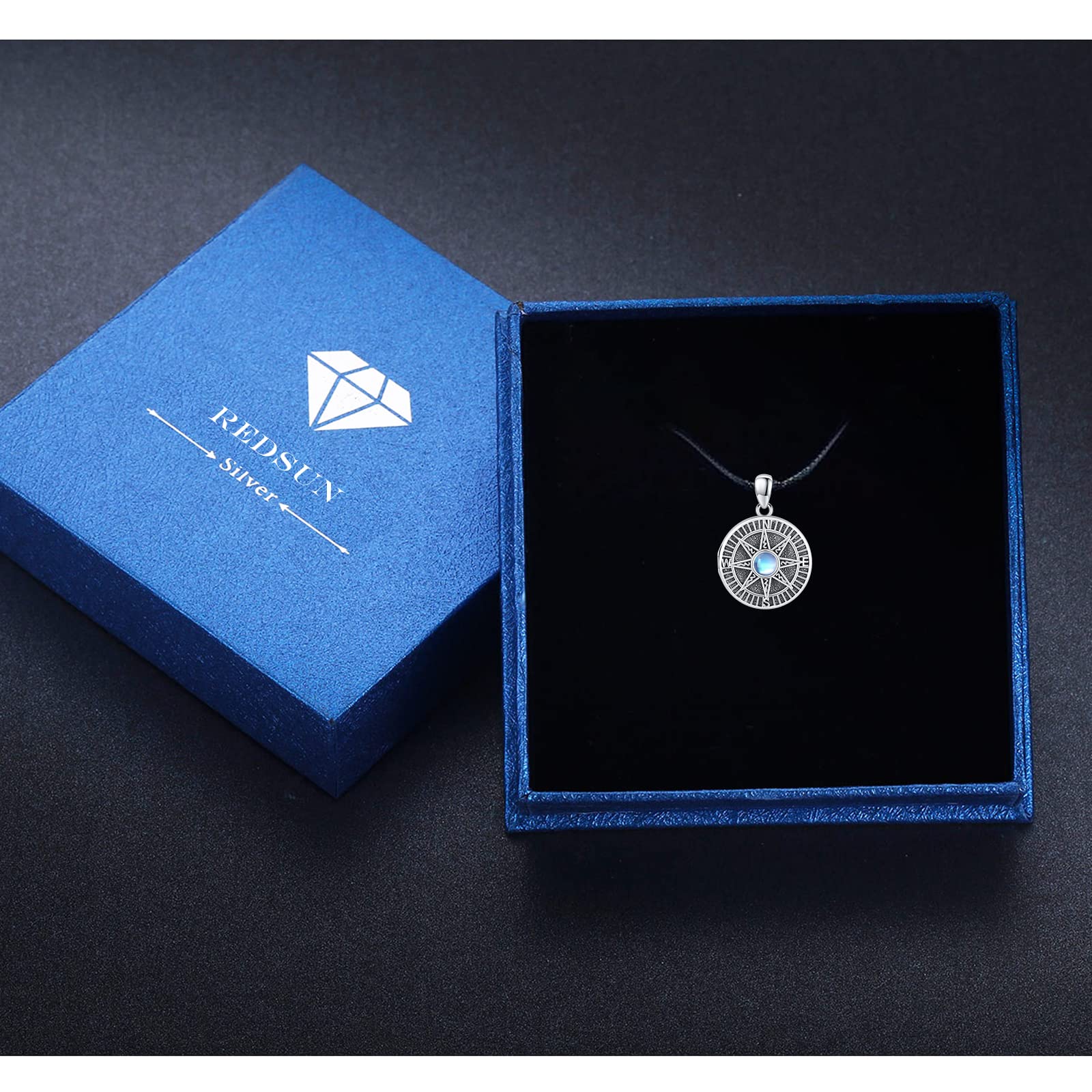 REDSUN Kompass Medaillon Halskette 925 Sterling Silber Mondstein Kette Keltisches Knoten Foto Medaillon Amulett Medallion mit Foto Kompass Schmuck für Herren Sohn Jungen Damen Geschenke